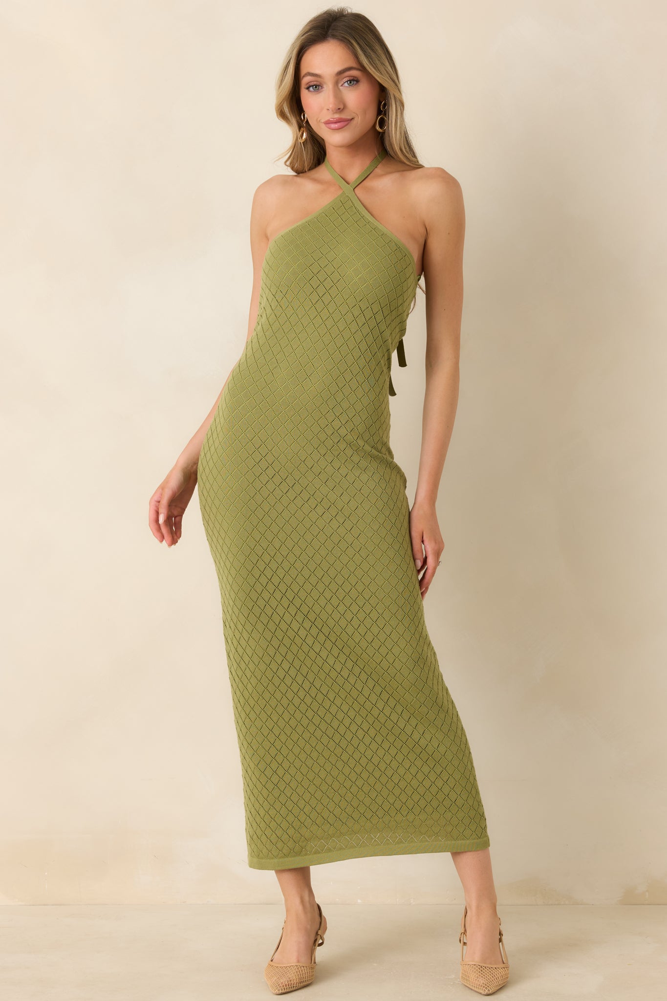 Women's Causing a Heatwave Olive Green Textured Diamond Knit Halter Midi Dress | Size: M | Red Dress Women's Causing a Heatwave Olive Green Textured Diamond Knit Halter Midi Dress | Size: M | Red Dress
