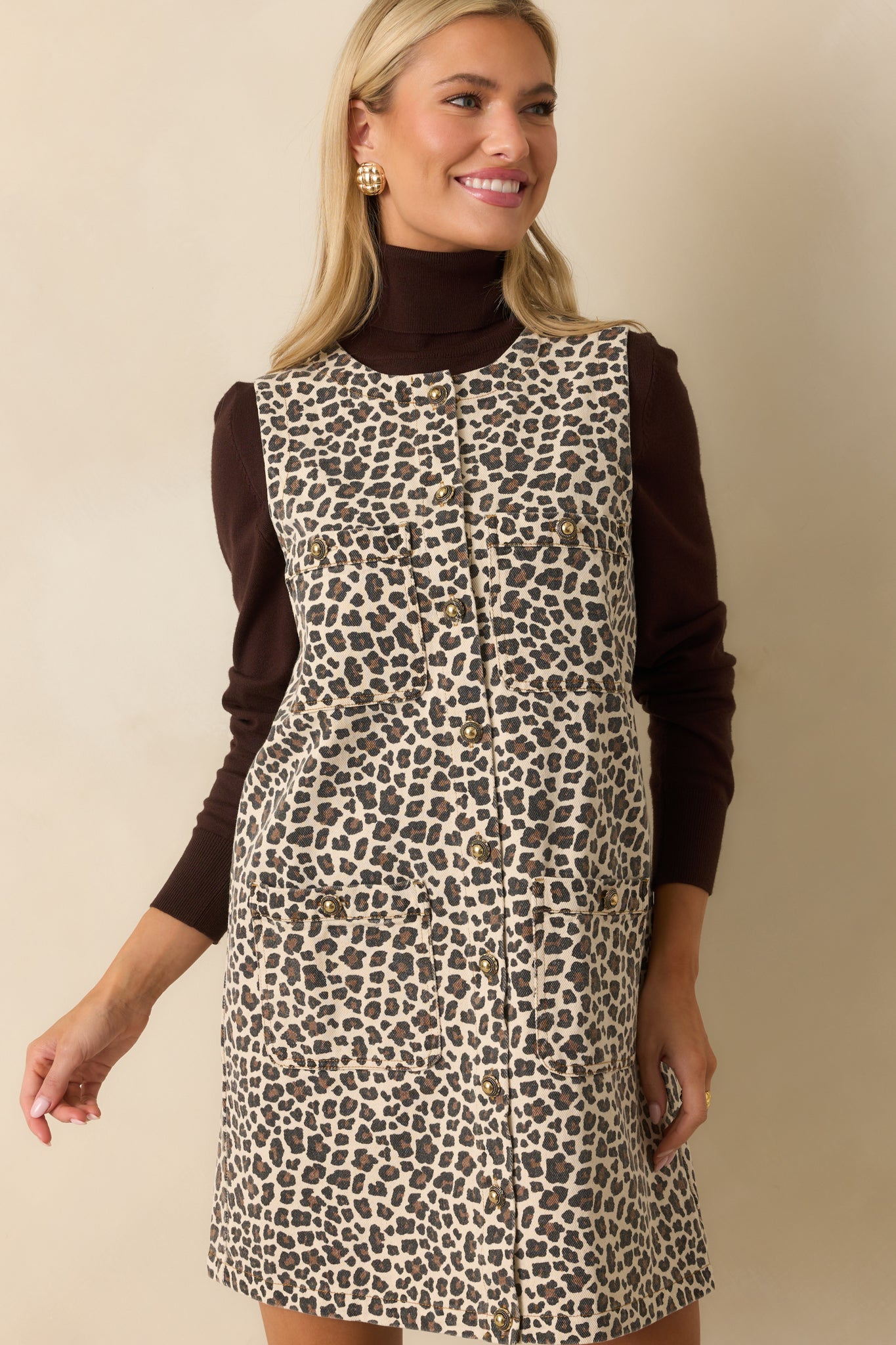 Beige Leopard Print Cotton Denim Dress - Mini Dresses