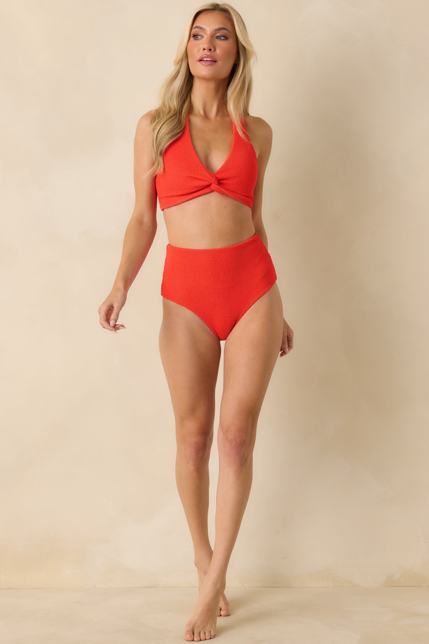 MINKPINK Scarlett Flame Red Twist Front Halter Bikini Top | Red Dress