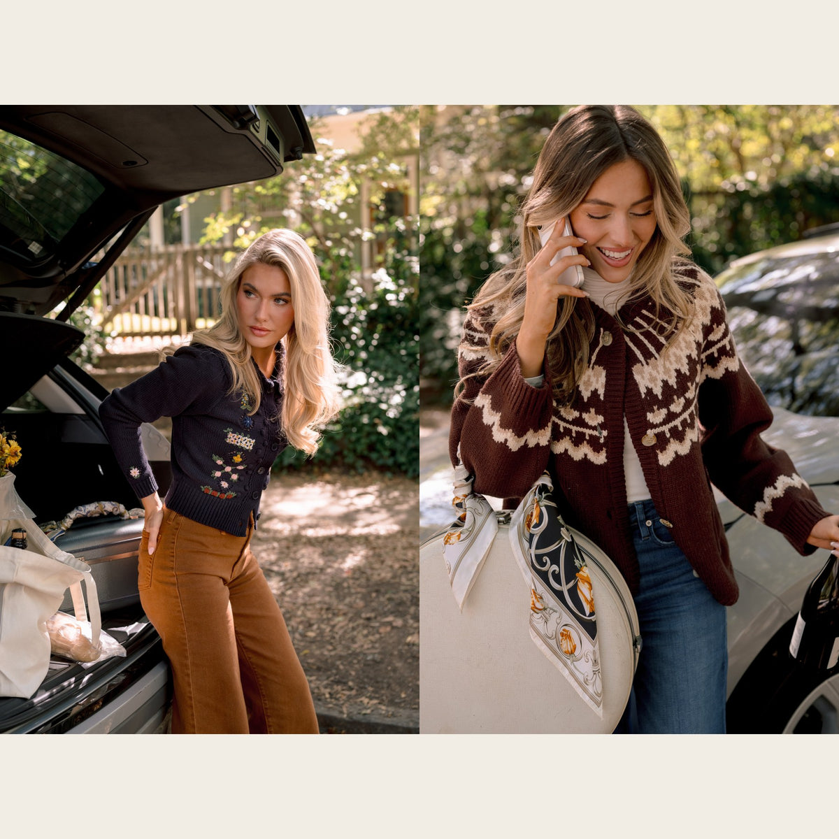 Couch casual Thanksgiving outfits: navy cardigan with rust wide leg pants at the car, and a brown fair isle cardigan with jeans and a printed scarf