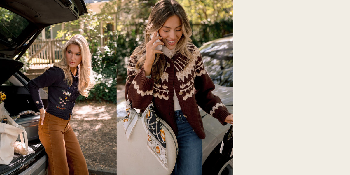 Couch casual Thanksgiving outfits: navy cardigan with rust wide leg pants at the car, and a brown fair isle cardigan with jeans and a printed scarf
