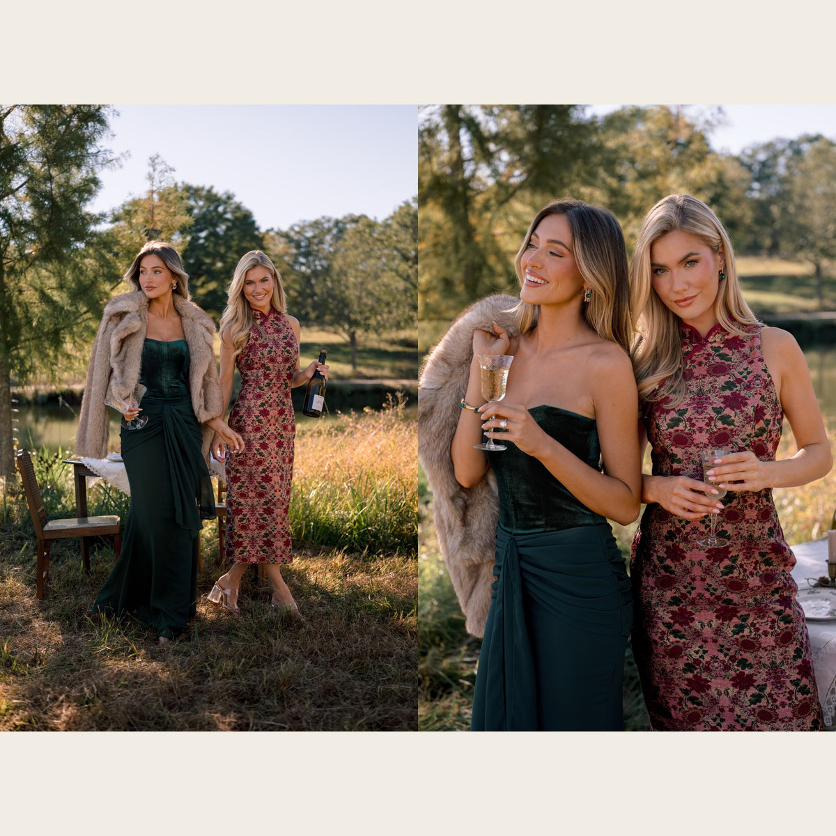 Dressy Thanksgiving outfits: emerald velvet strapless maxi dress with a taupe faux fur jacket and a burgundy floral mock neck midi dress at a lakeside table