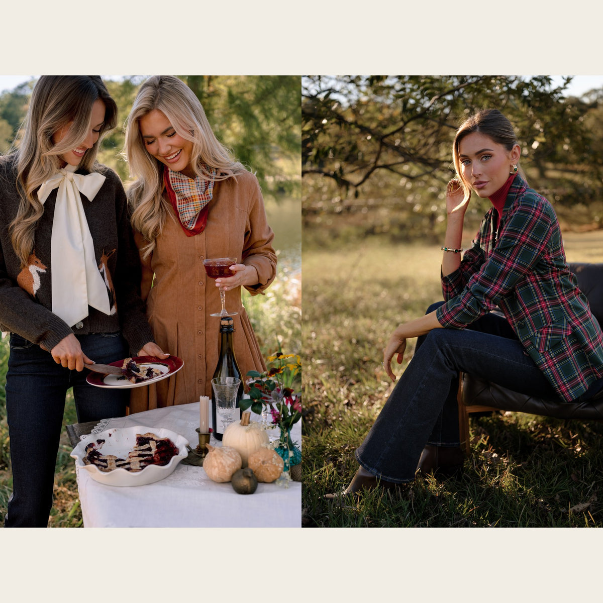 Thanksgiving family photo outfits: ivory tie neck blouse under a fox sweater with dark jeans, a camel corduroy shirt dress, and a tartan plaid jacket with jeans