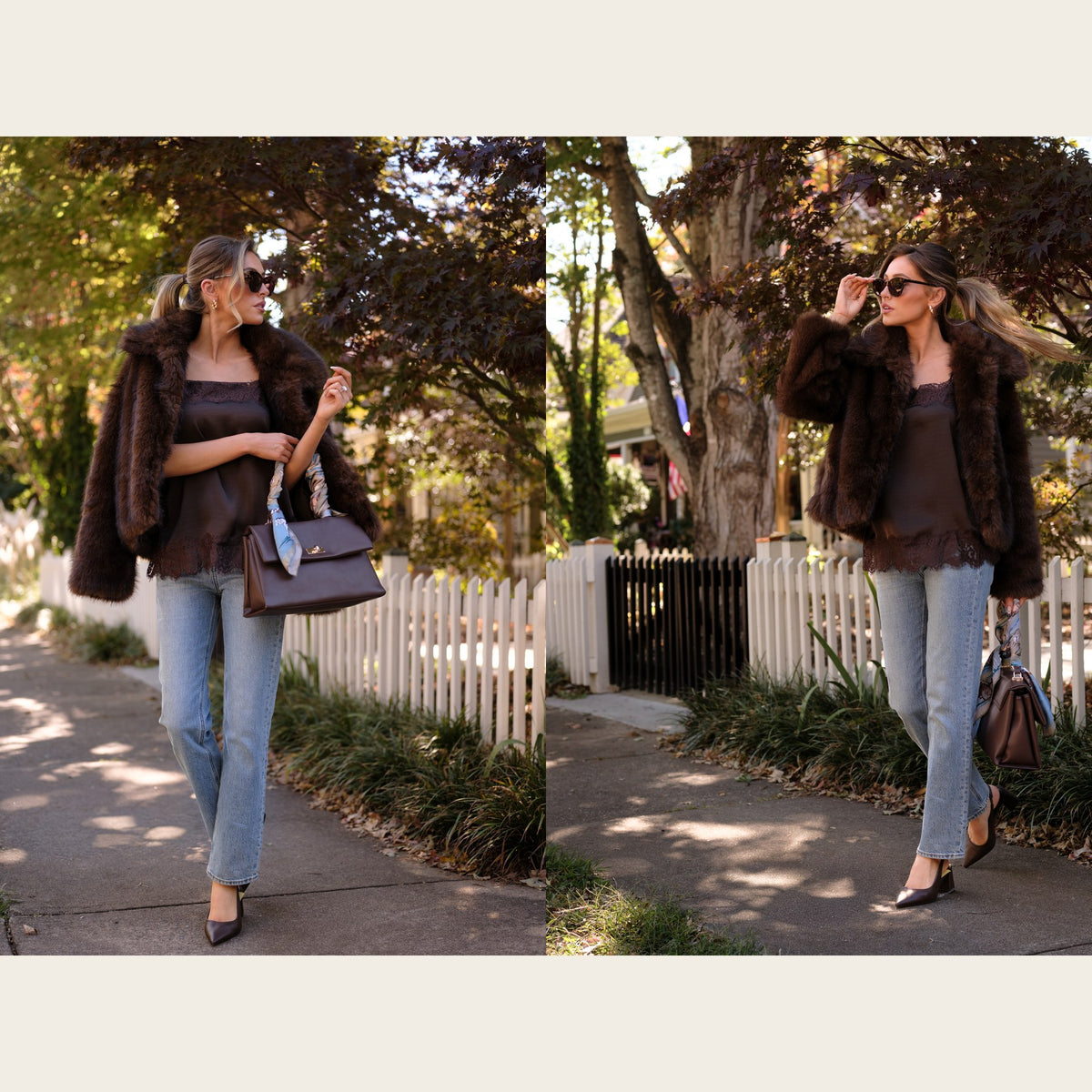 Thanksgiving layers: chocolate brown faux fur jacket over a brown satin cami with light wash straight leg jeans and a brown shoulder bag
