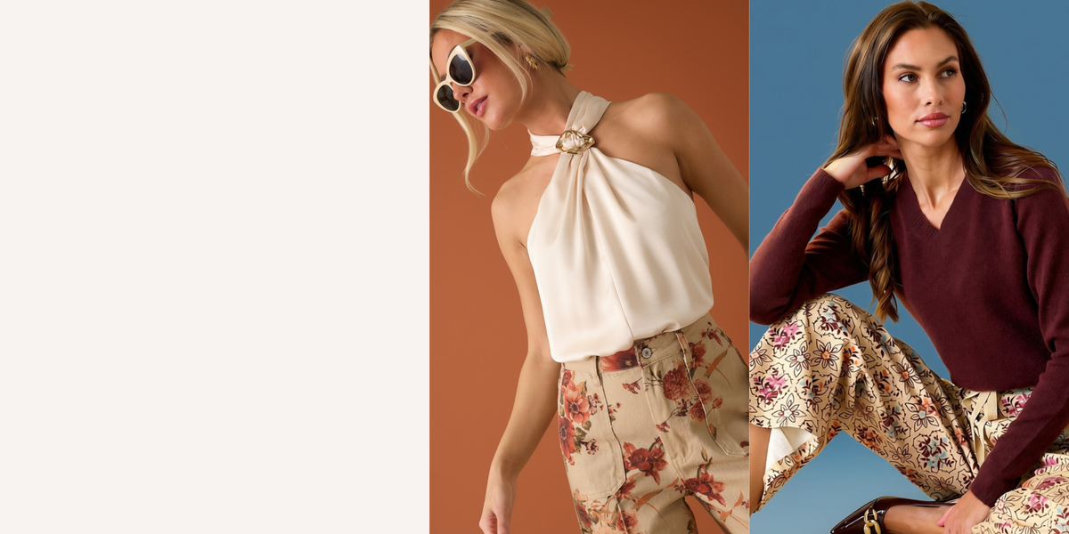 A split-screen fashion image showing two models. The left model wears a cream halter top with a gold ring detail and floral print pants against a warm brown background. The second wears a burgundy sweater with multi color floral print pants against a blue background.