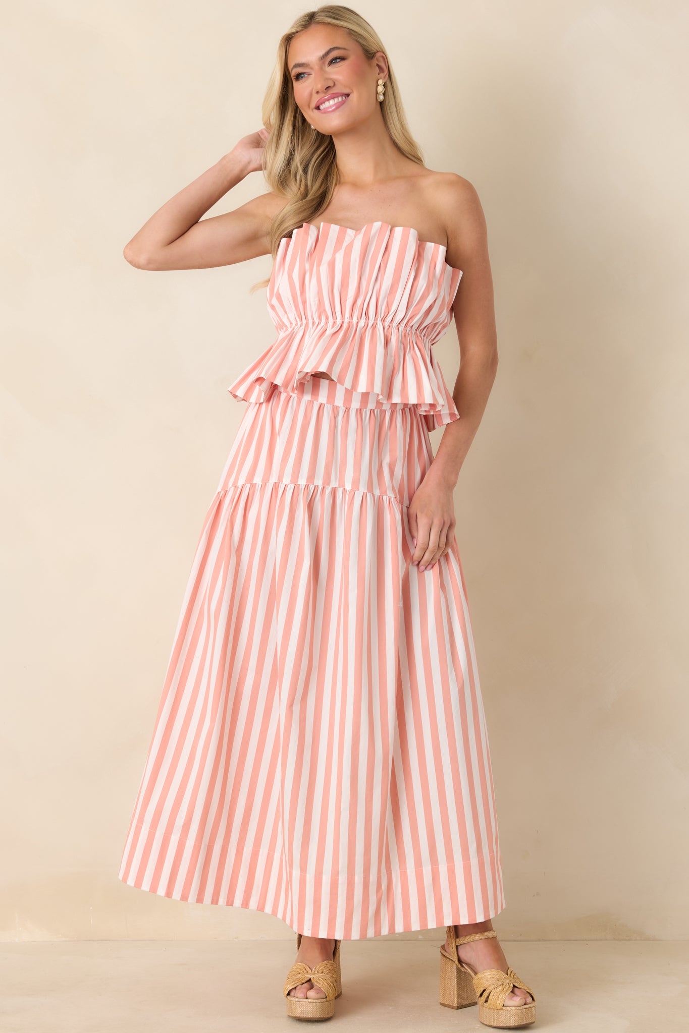 Women's Tide & True Coral Orange Stripe Tiered Maxi Skirt | Size: L | Red Dress