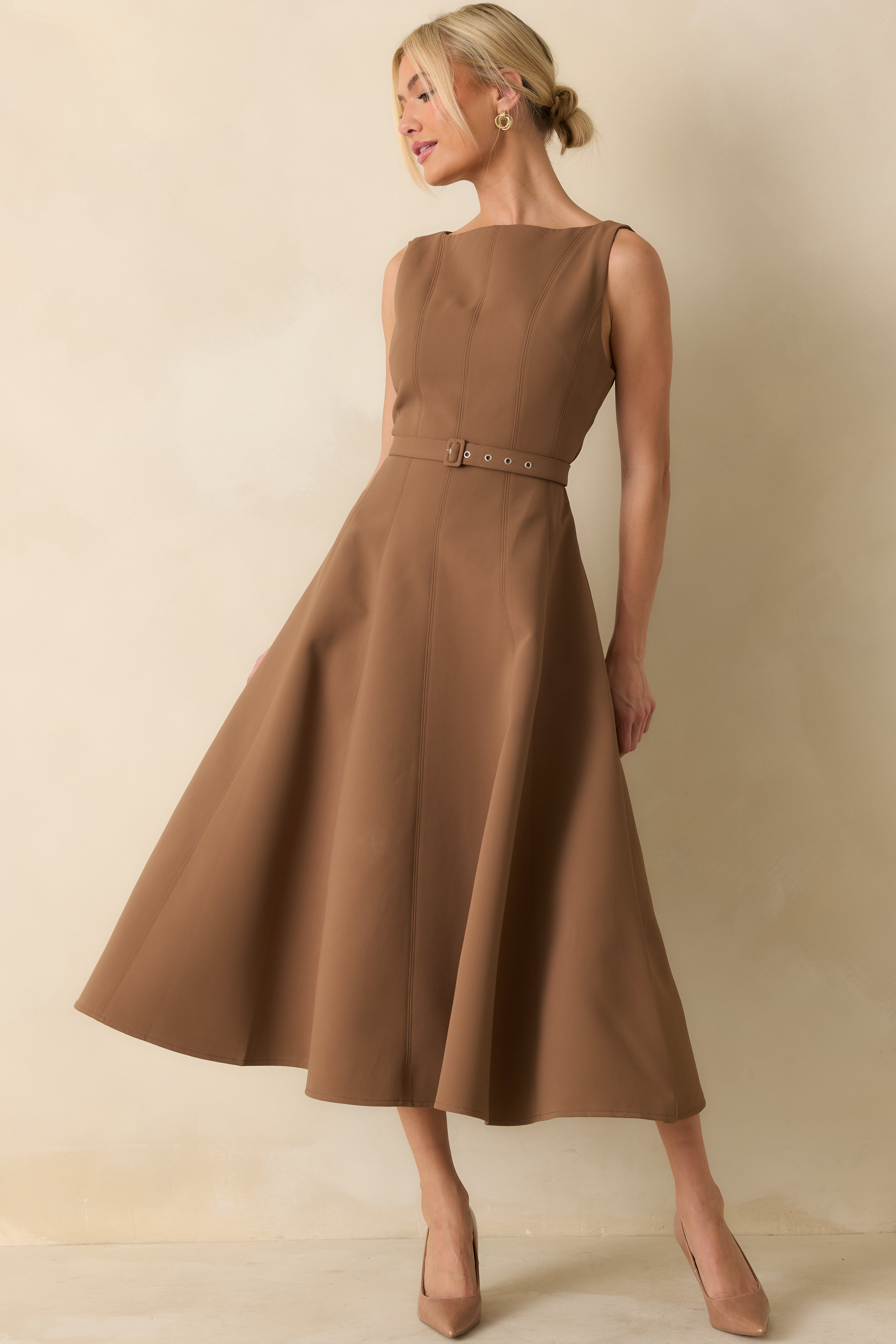 Toffee brown sleeveless midi dress with a fitted bodice and flared A-line skirt