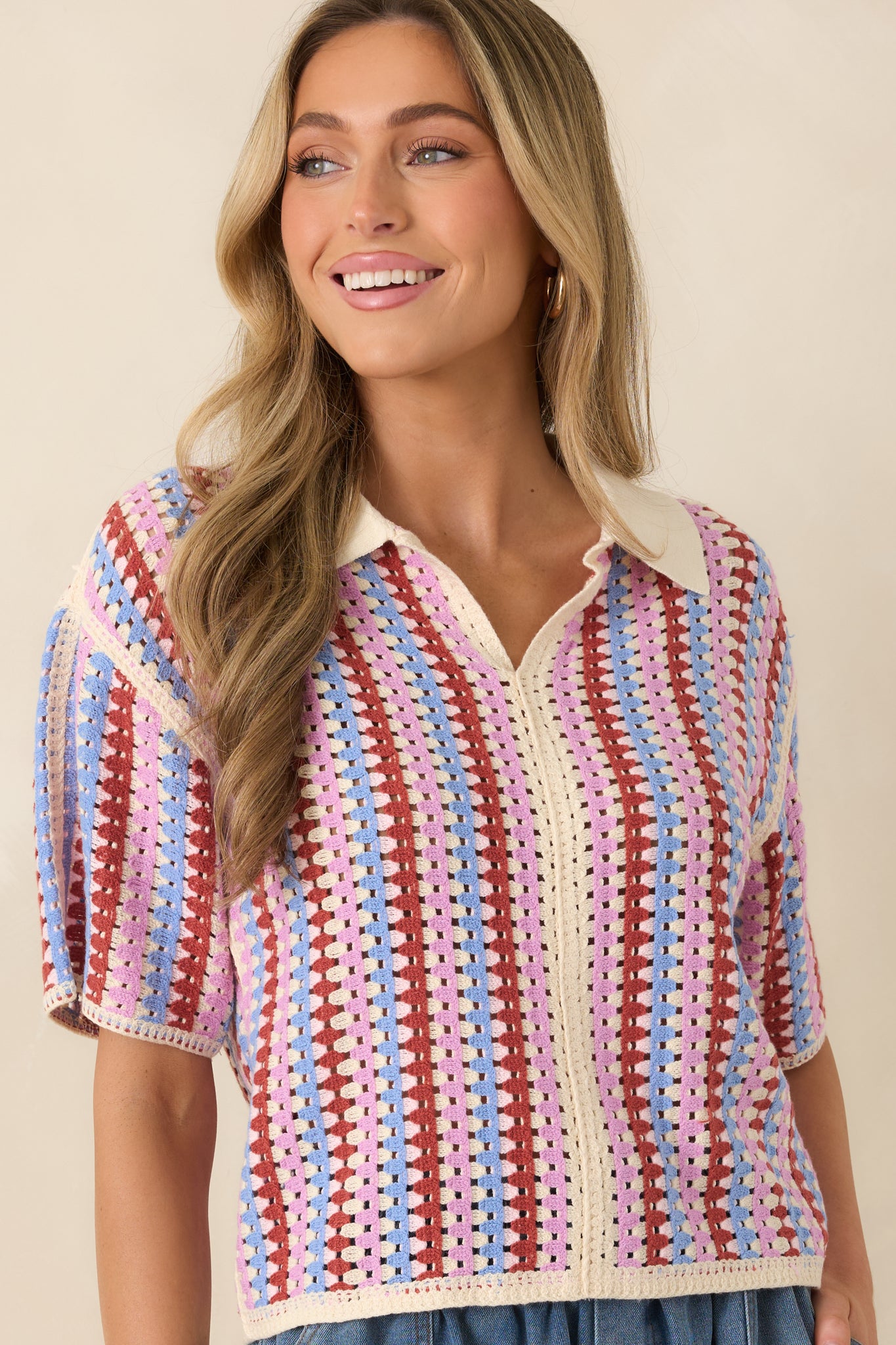 FRNCH Missy Violet Multi Stripe Cotton Blend Knit Top | Red Dress