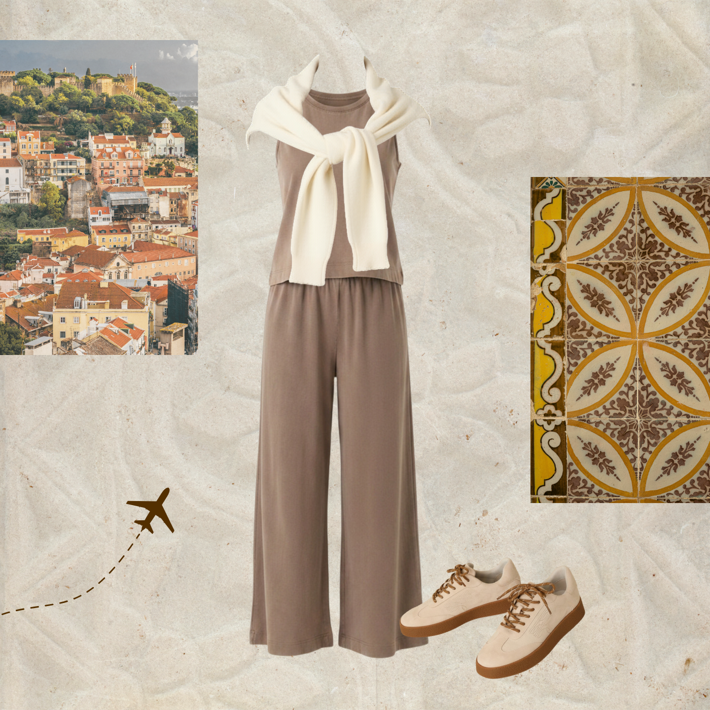 Light brown, cotton two piece set with an ivory cardigan draped around the shoulders. Pictures of lisbon and hand painted tiles accent the outfit on the sides of the image.