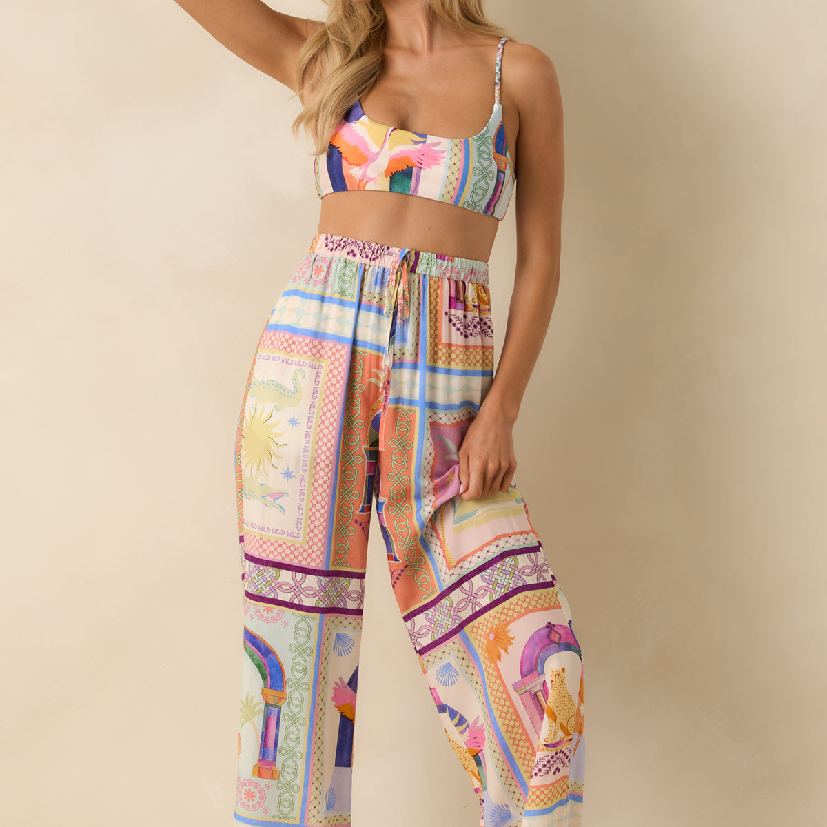 MINKPINK Elysia White Multi Tropical Tile Print Drawstring Pants
