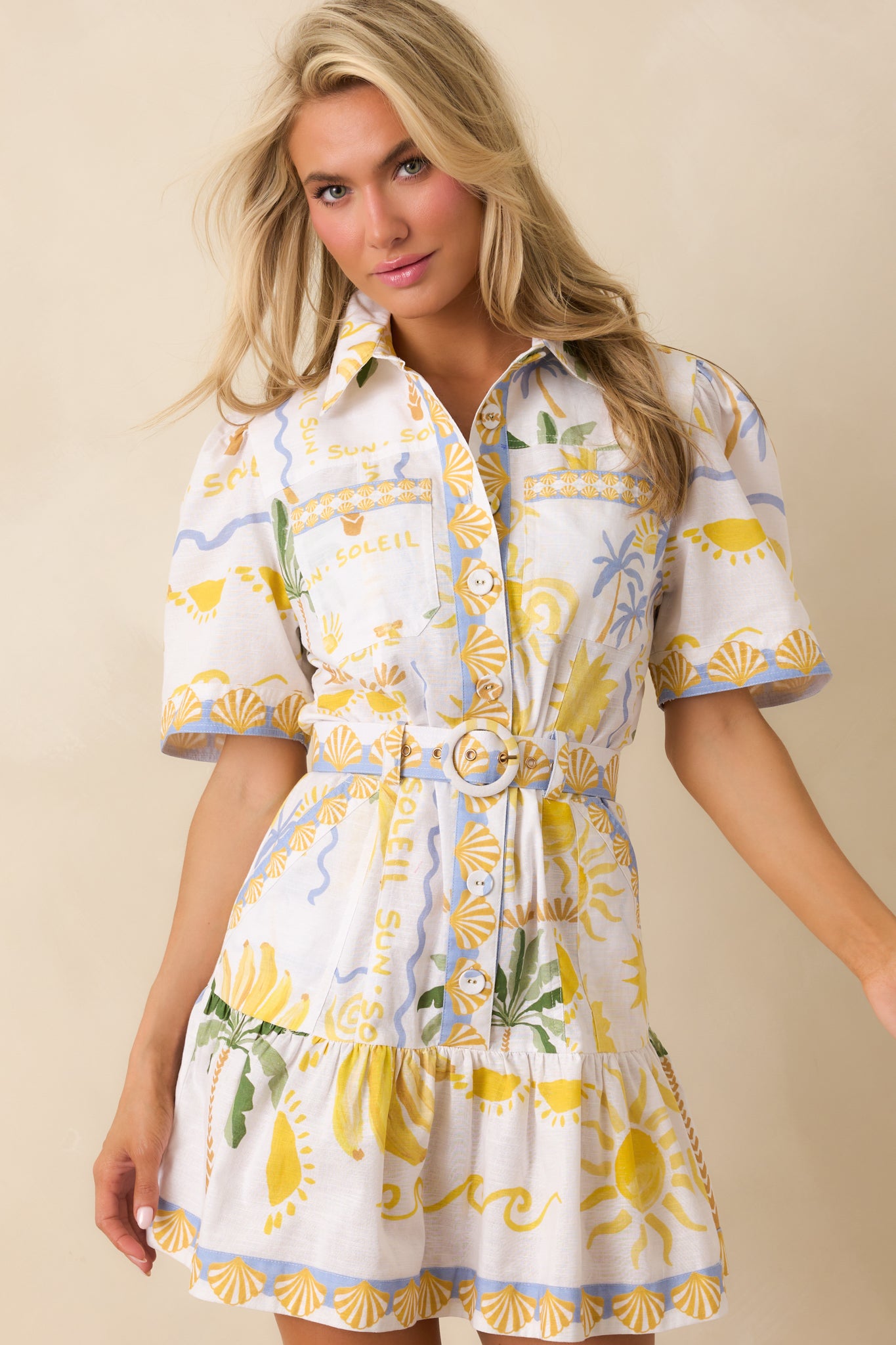 Tropical print fabric detail with structured seams and vibrant pattern.