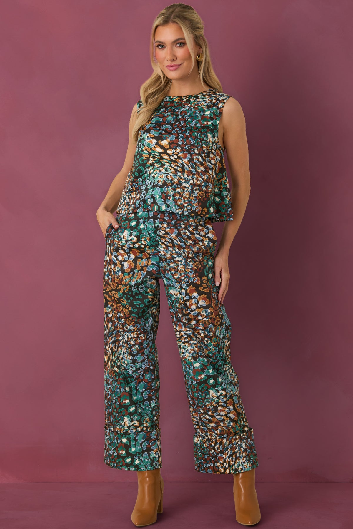 Black top featuring the colorful Urban Jungle print in rich green, blue, rust, and ivory.