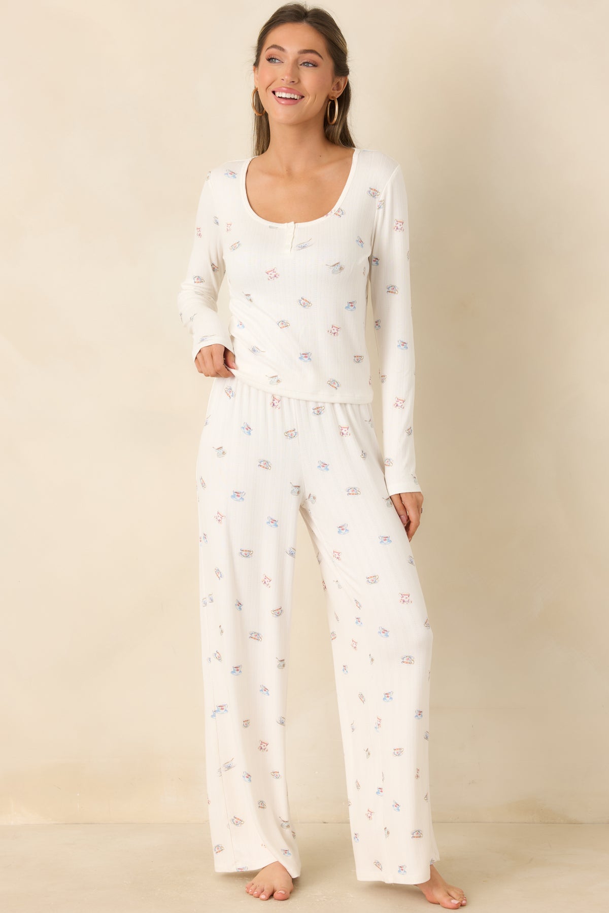 Vanilla Ice wide-leg pants with a delicate teacup print and relaxed silhouette.