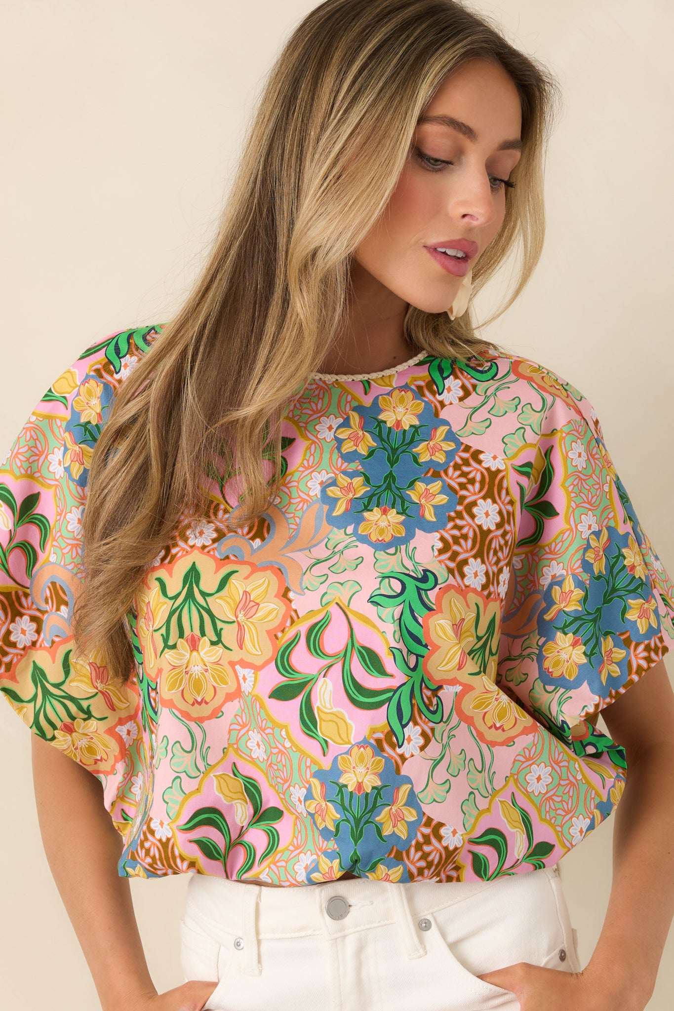Vibrant print detail on cotton top with airy drape and soft texture.