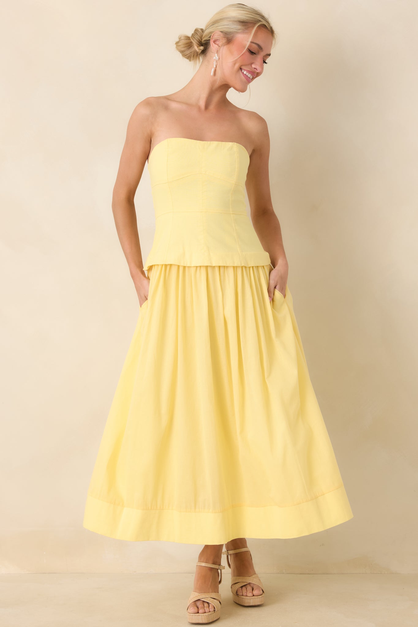 Red Dress | Yellow Cotton Bustier Strapless Midi Dress - All Dresses Red Dress | Yellow Cotton Bustier Strapless Midi Dress - All Dresses