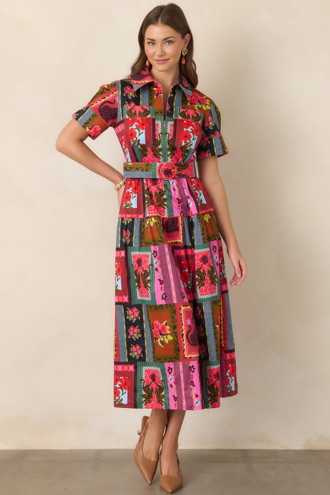 Vintage Vignette print ankle-length dress featuring a collared neckline, short cuffed sleeves, contrast piping, matching waist belt, and tiered A-line skirt.