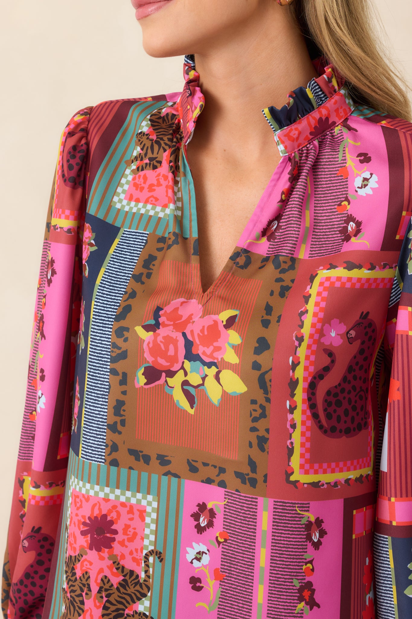 Close-up of the Vintage Vignette print highlighting the intricate floral, striped, and framed motifs against the softly lustrous lightweight fabric.