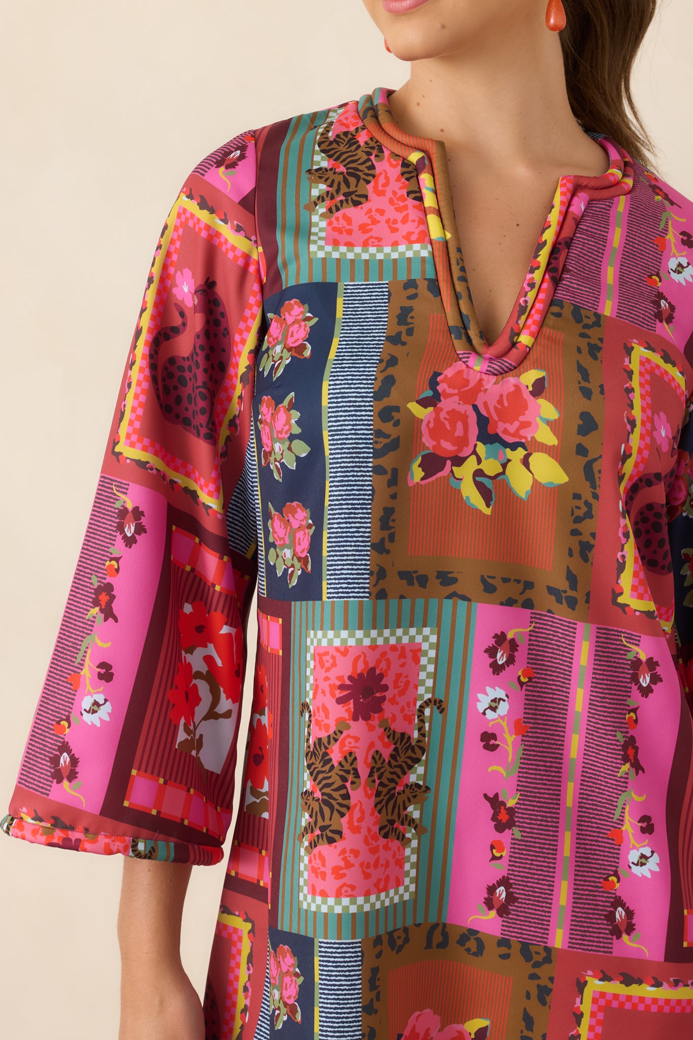 Close-up of the Vintage Vignette print showing its vivid colors and intricate pattern across the subtly lustrous medium-weight poly twill fabric.