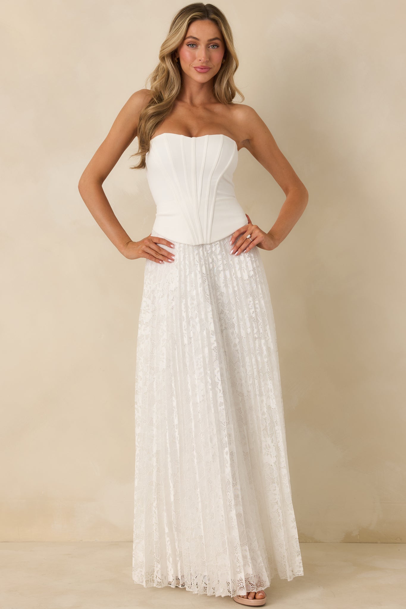 White Corset Bodice & Pleated Lace Maxi Dress - Event Dresses | Red Dress White Corset Bodice & Pleated Lace Maxi Dress - Event Dresses | Red Dress