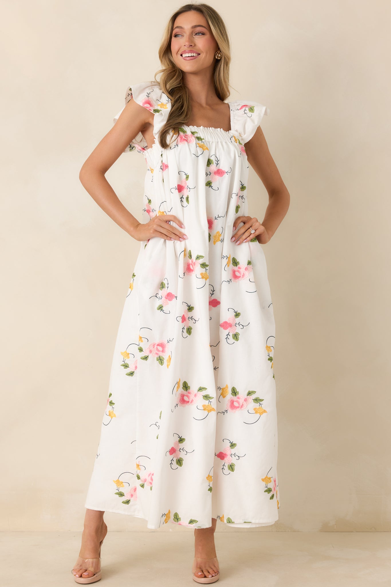 Red Dress | White Multi Floral Embroidered Maxi Dress - All Dresses Red Dress | White Multi Floral Embroidered Maxi Dress - All Dresses