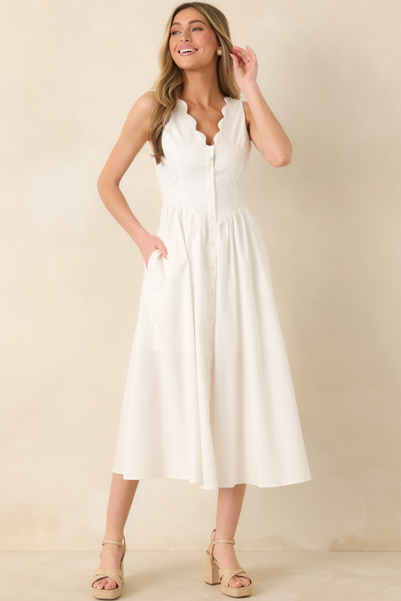 The High Life White Cotton Scalloped V-Neck Midi Dress The High Life White Cotton Scalloped V-Neck Midi Dress