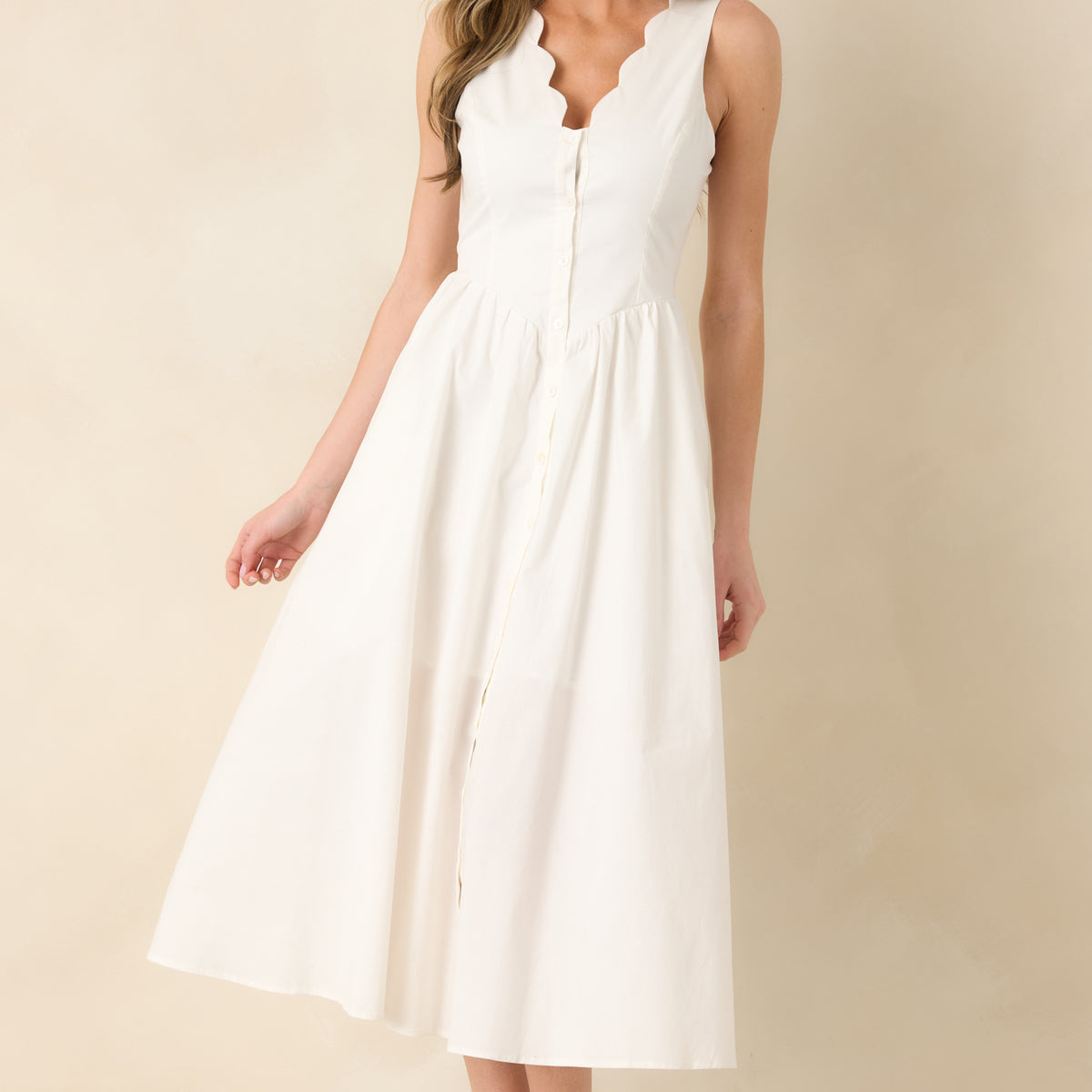 The High Life White Cotton Scalloped V-Neck Midi Dress