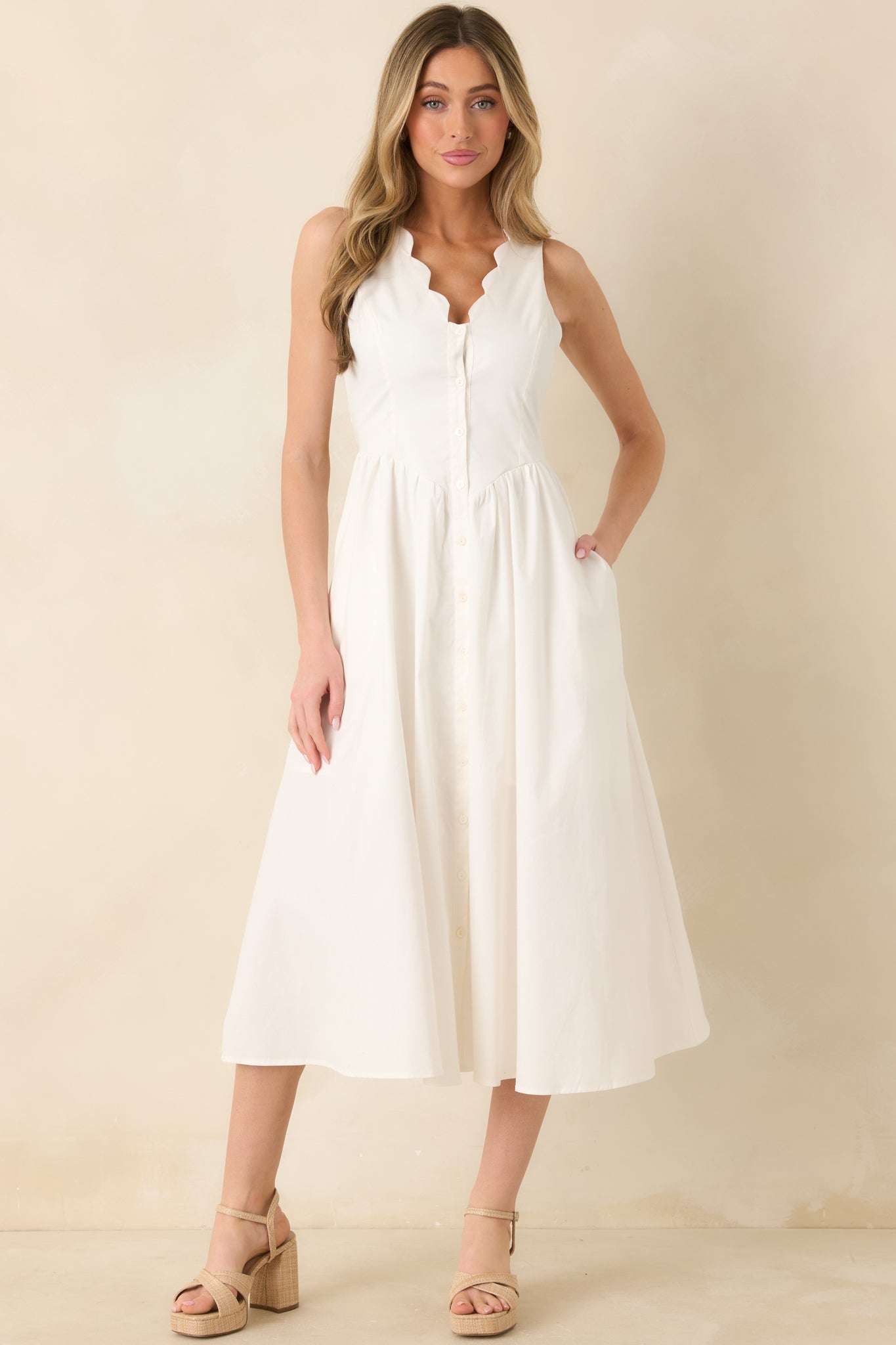 Red Dress | White Cotton Scalloped V-Neck Midi Dress - All Dresses Red Dress | White Cotton Scalloped V-Neck Midi Dress - All Dresses