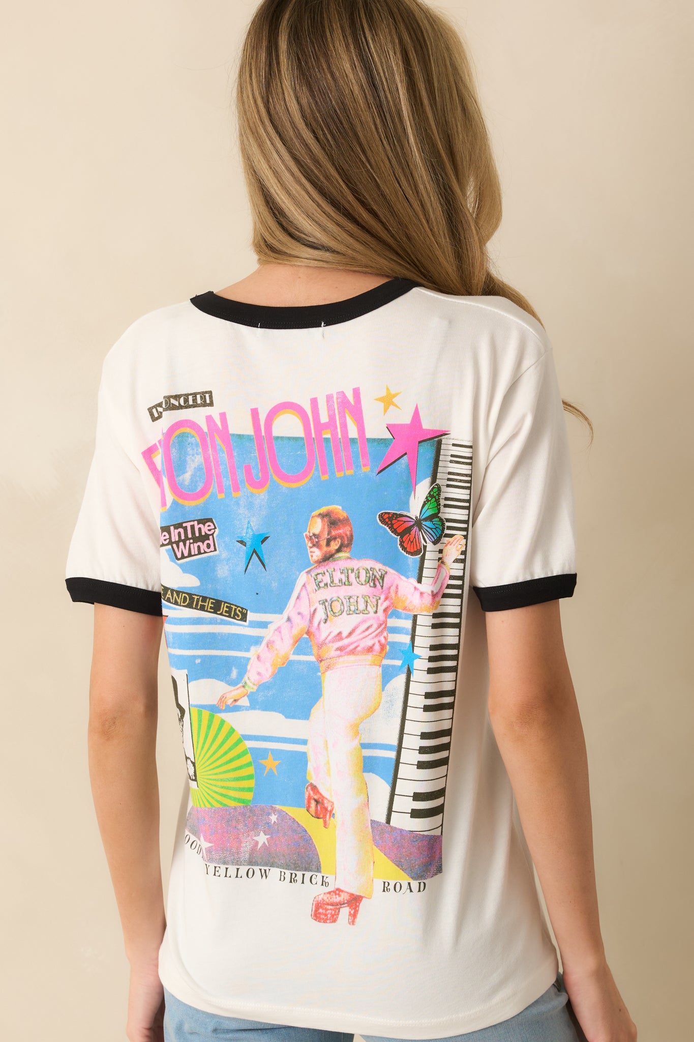 Daydreamer Elton John White Cotton 1973 Tour Ringer Tee | Red Dress