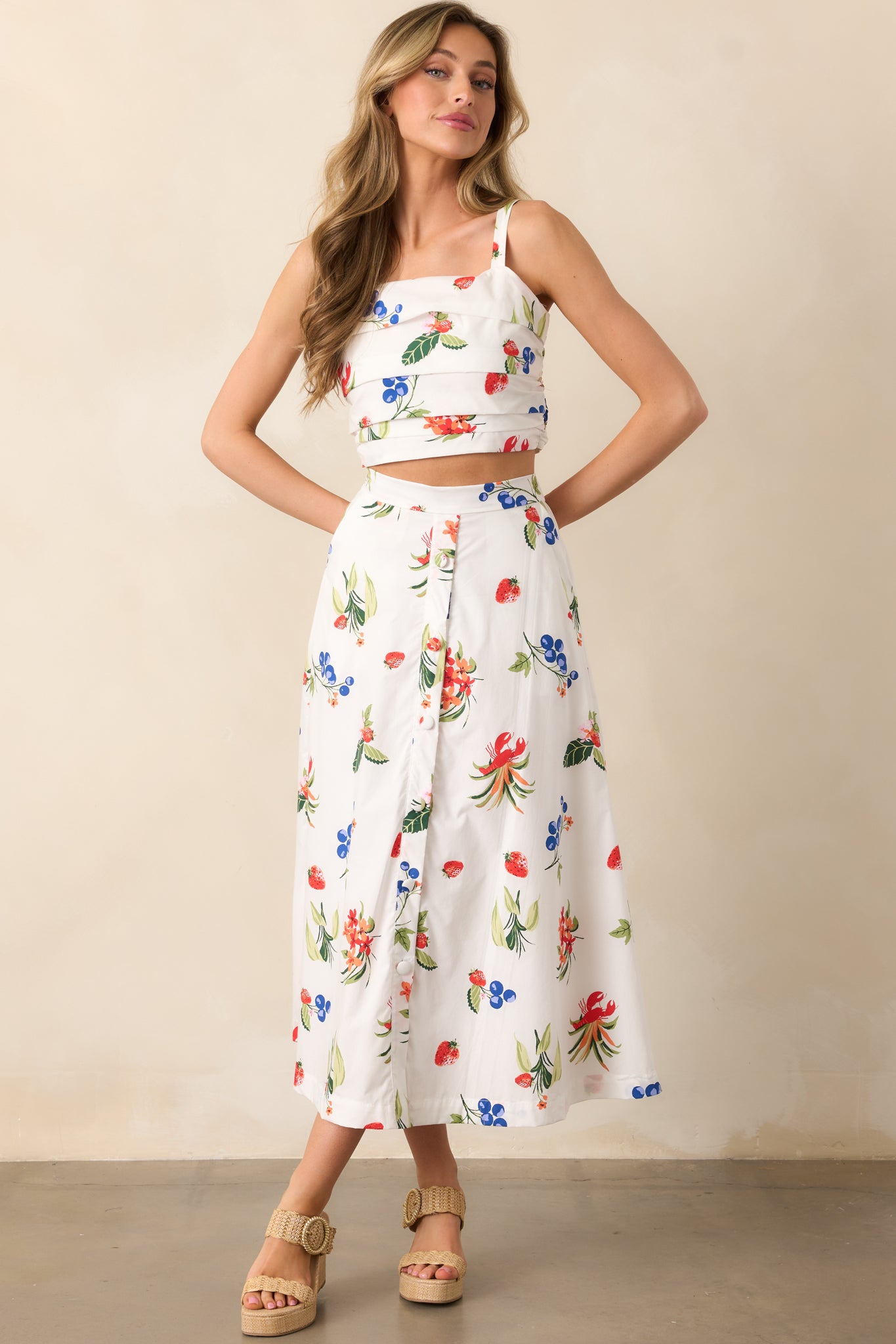 A stylish white skirt featuring a row of decorative buttons and a comfortable fit with a touch of structure.