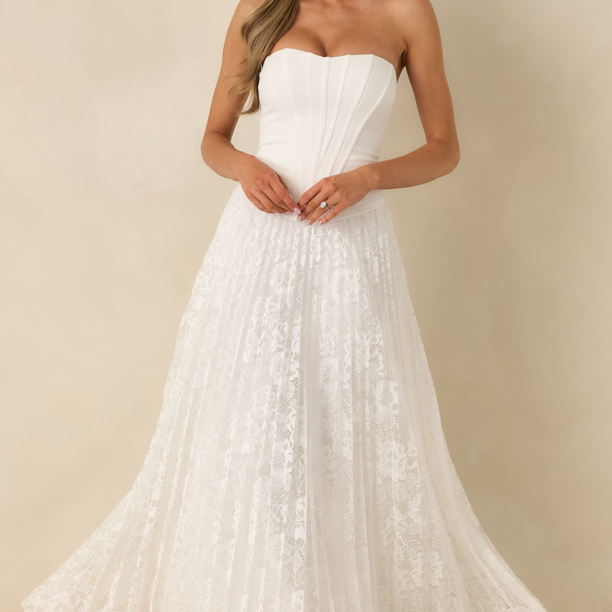 white strapless corset dress White Corset Bodice & Pleated Lace Maxi Dress - Event Dresses