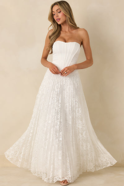 Say Yes to This White Corset Bodice & Pleated Lace Maxi Dress Say Yes to This White Corset Bodice & Pleated Lace Maxi Dress