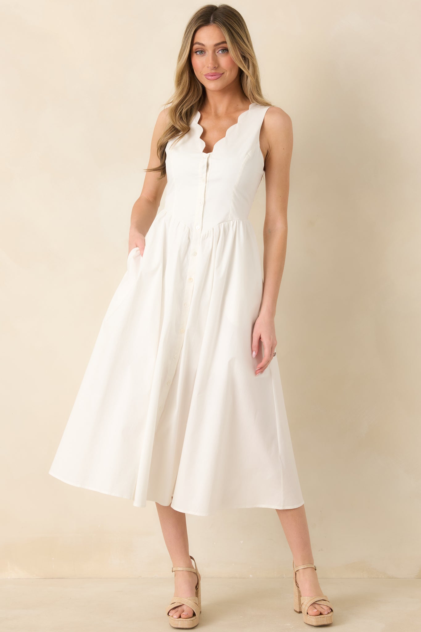 knee length dresses for ladies The High Life White Cotton Scalloped V-Neck Midi Dress