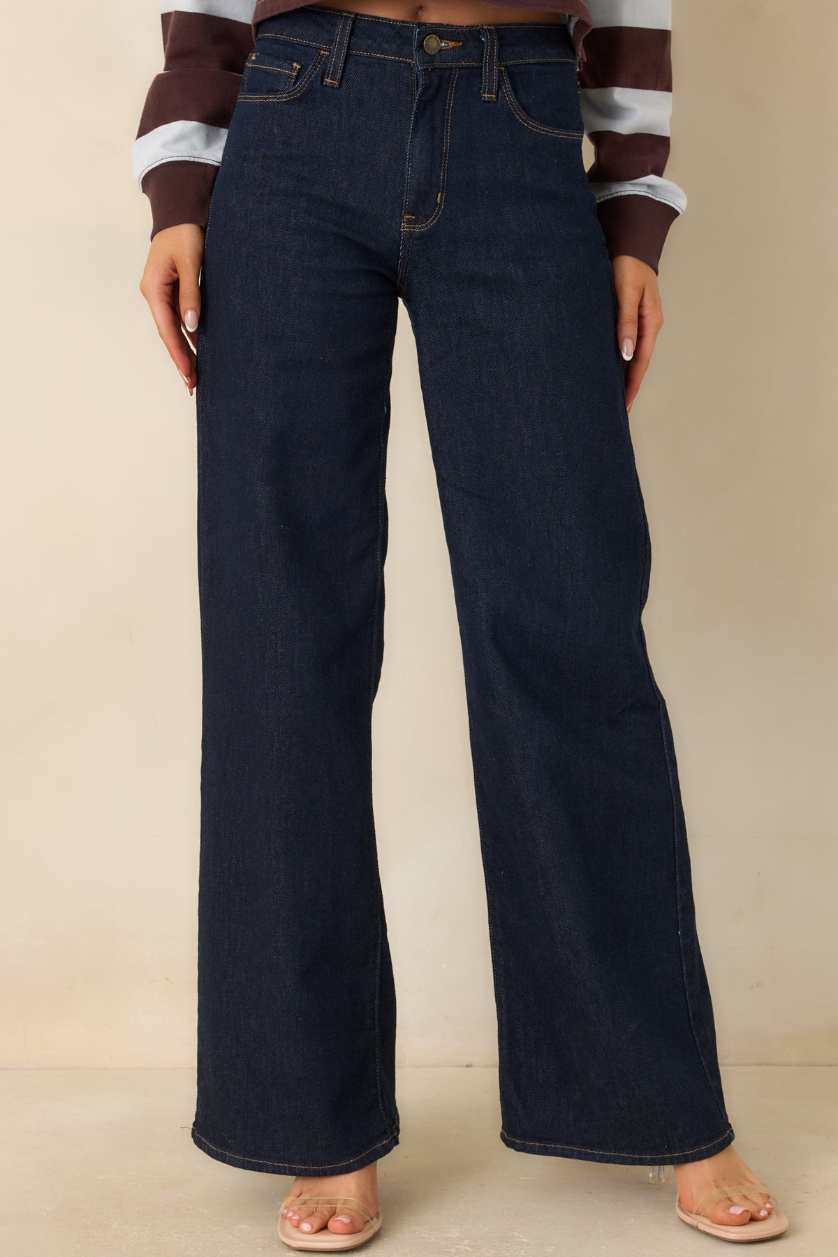 Wide-leg jeans showcasing the rich dark wash and soft stretch fabric.