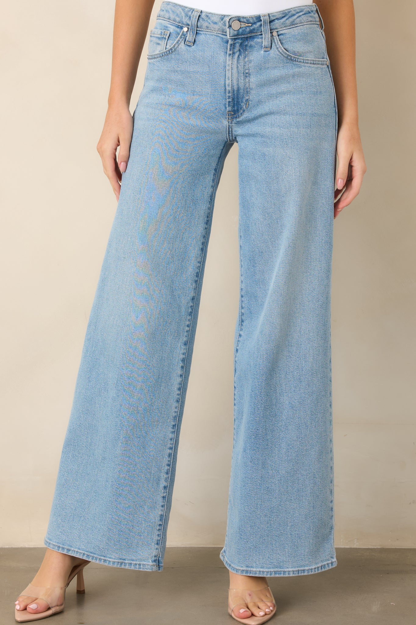 Wide-leg jeans displaying the soft light wash and effortlessly relaxed shape.