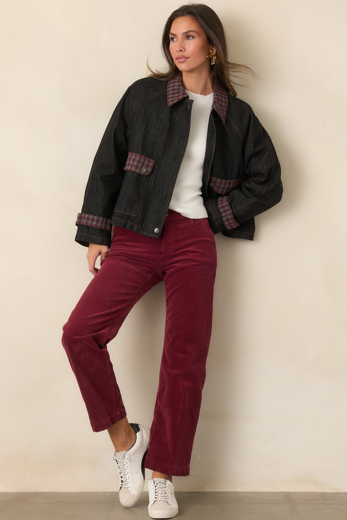 Cotton-rich corduroy pants showcasing the relaxed straight-leg shape, comfortable stretch, and polished wine color.