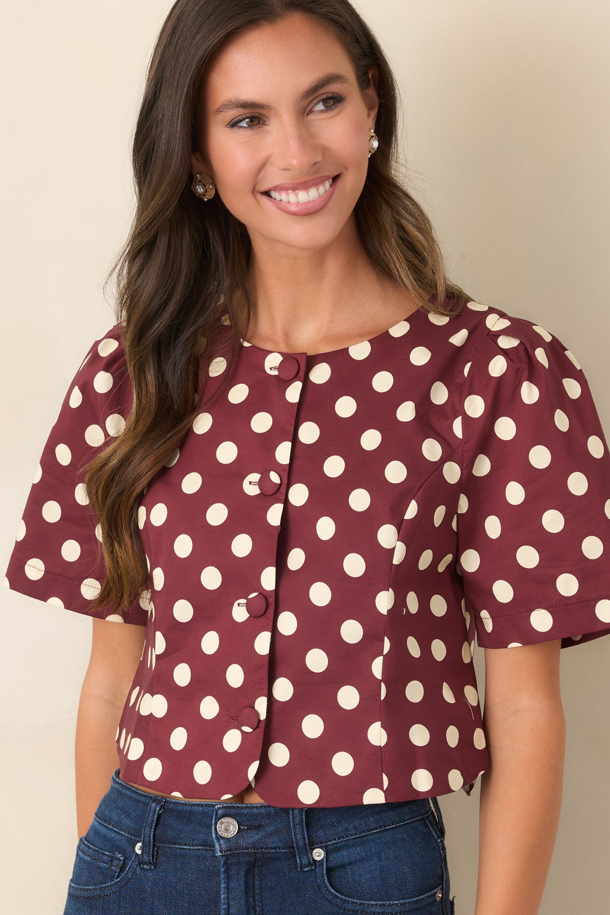 Wine cotton top with ivory polka dots and a classic round neckline.