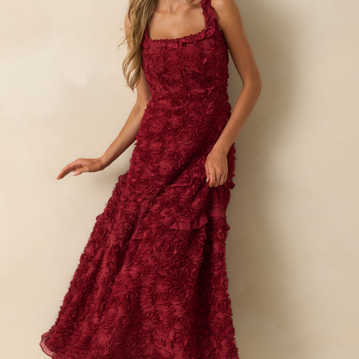 red floral off the shoulder maxi dress Women's Something Good Wine Red Floral Applique Maxi Dress | Size: Xs