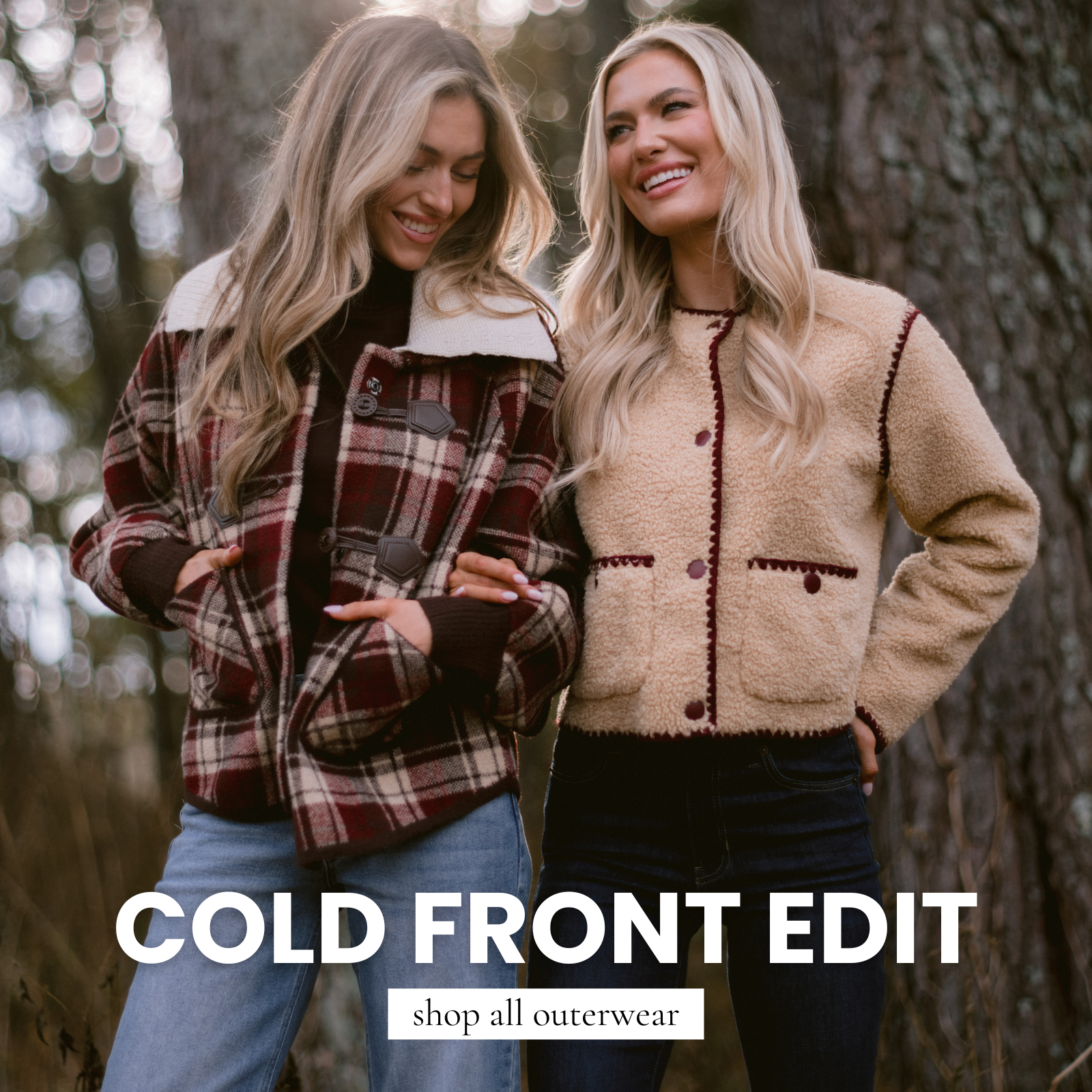 Two models wearing cozy winter jackets, including a plaid coat and sherpa jacket, styled outdoors for cold weather.