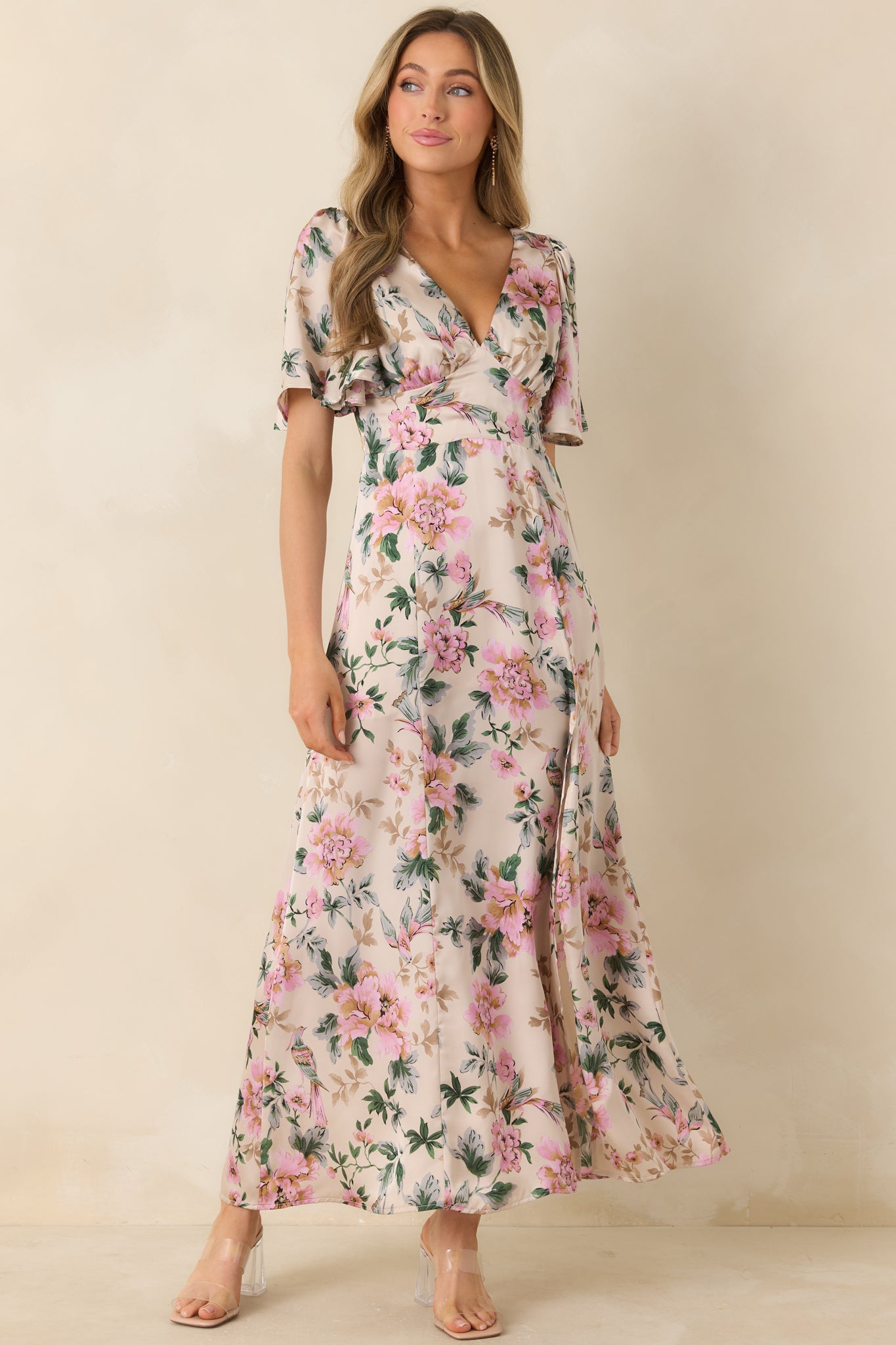 Women's Rosewood Romance Ivory Multi Floral Flutter Sleeve Maxi Dress | Size: L
