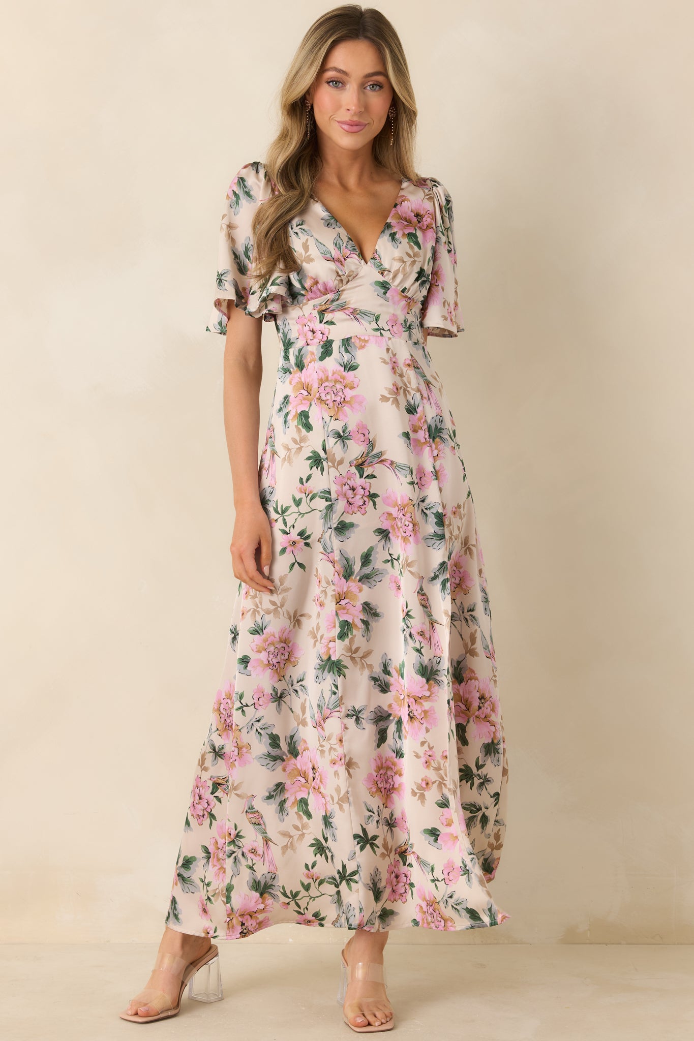 Women's Rosewood Romance Ivory Multi Floral Flutter Sleeve Maxi Dress | Size: L