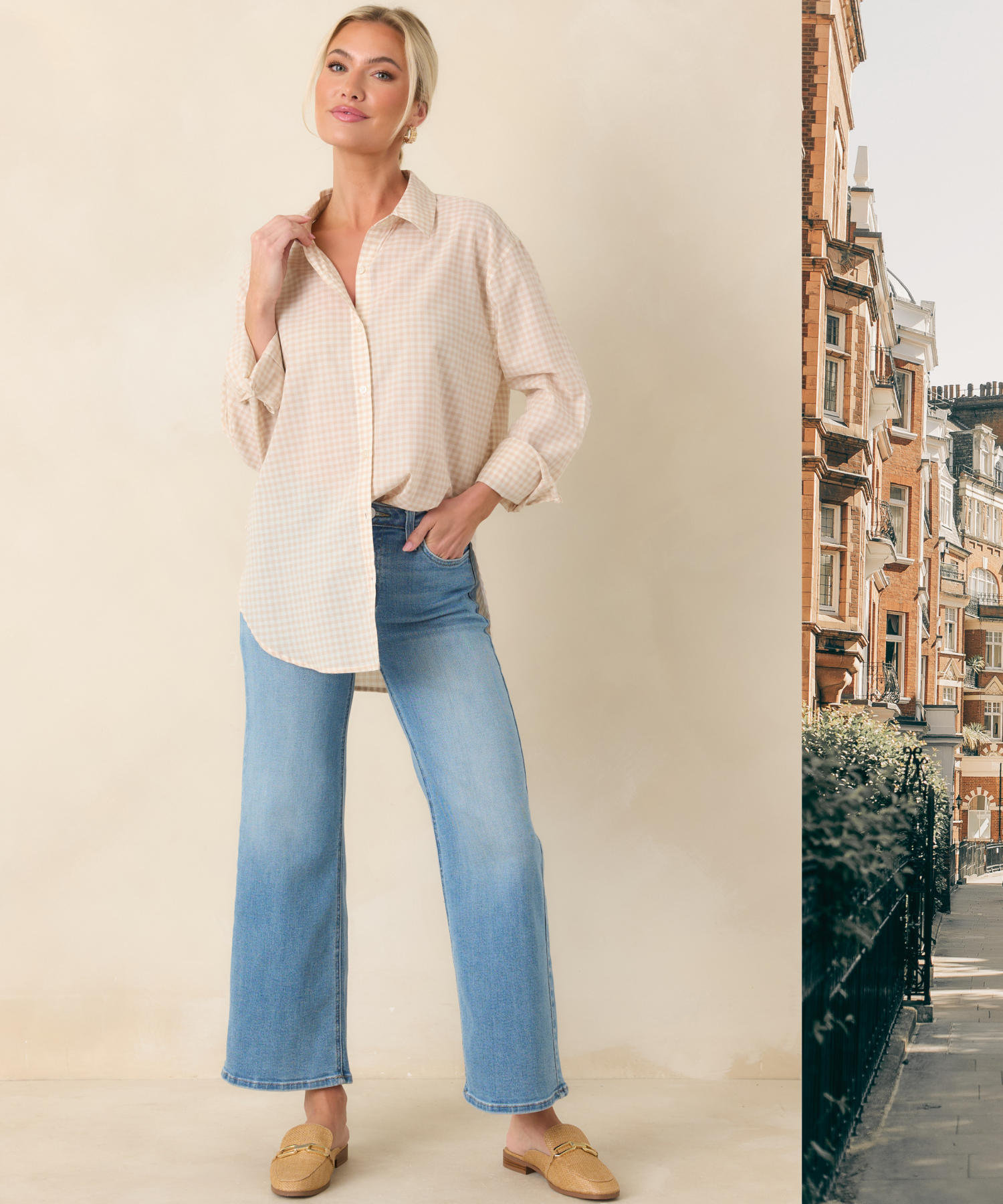 Woman wearing a beige gingham top and jeans against a beige background with a scenic London backdrop peeking into the frame.
