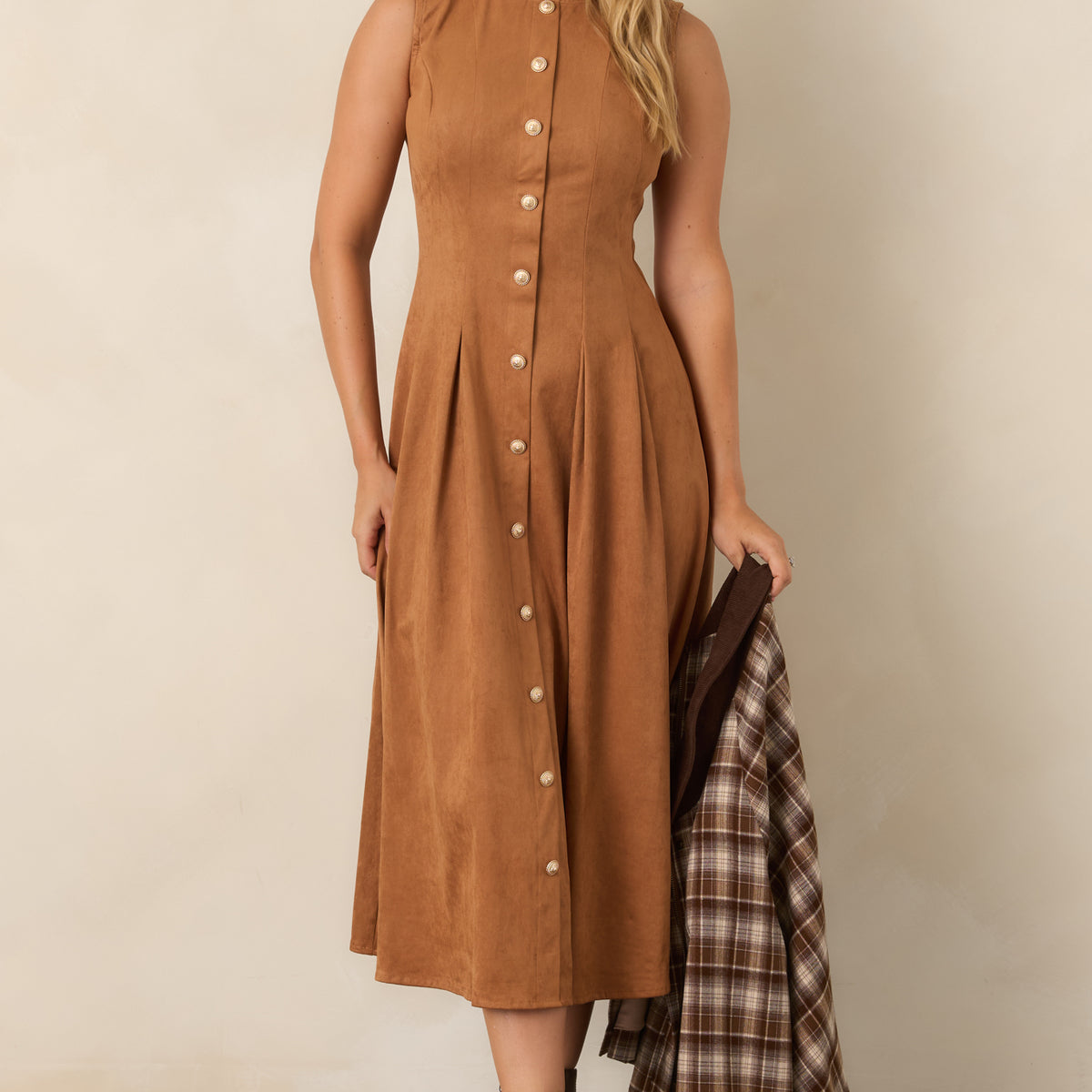 brown button midi dress Worth Your While Camel Faux Suede Gold Full Pleated this dress offers a So I searched up Color:Black/Beige Abstract