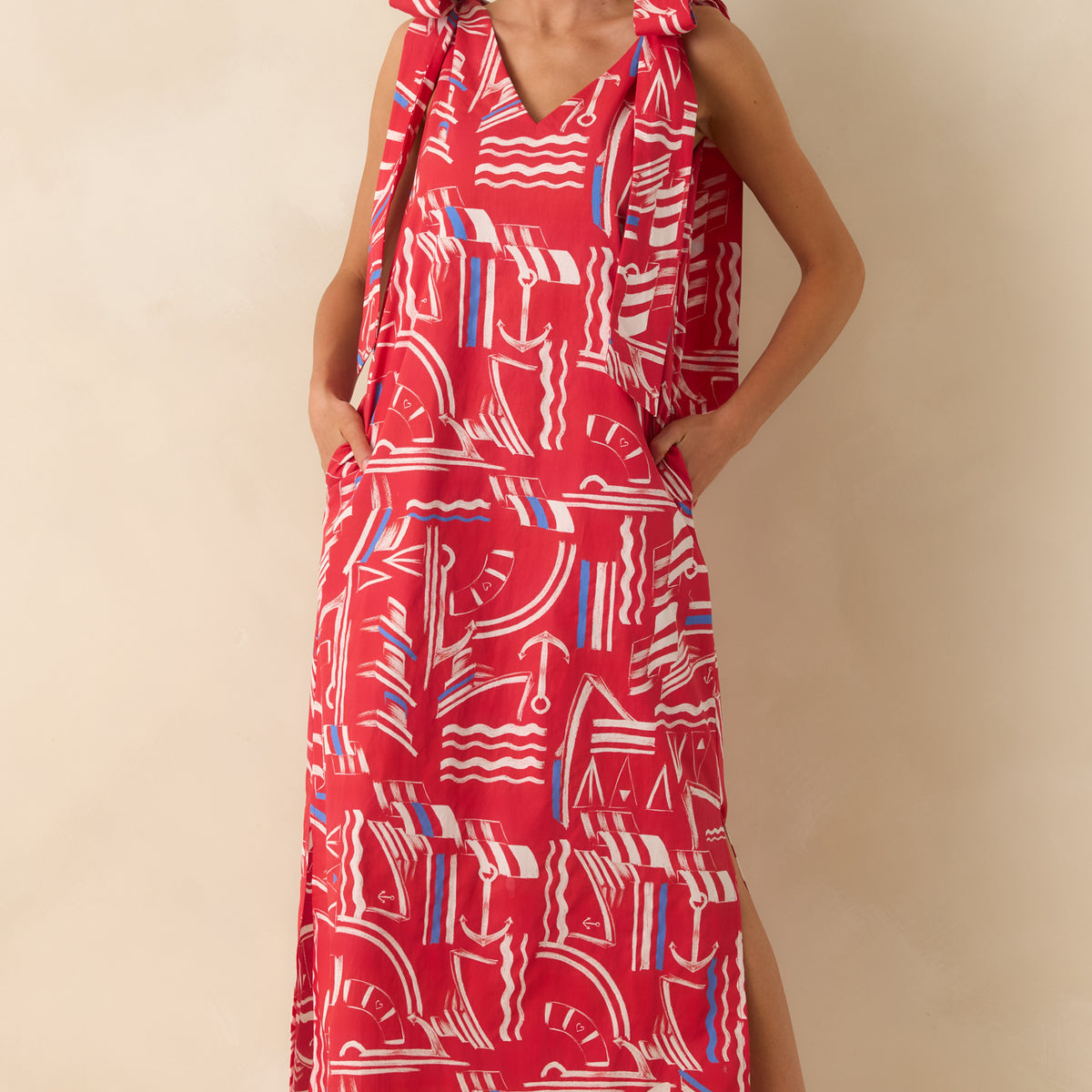 cotton club maxi dress Women's Prosperina Arden Red Multi Yacht Club Cotton Maxi Dress | Size: S