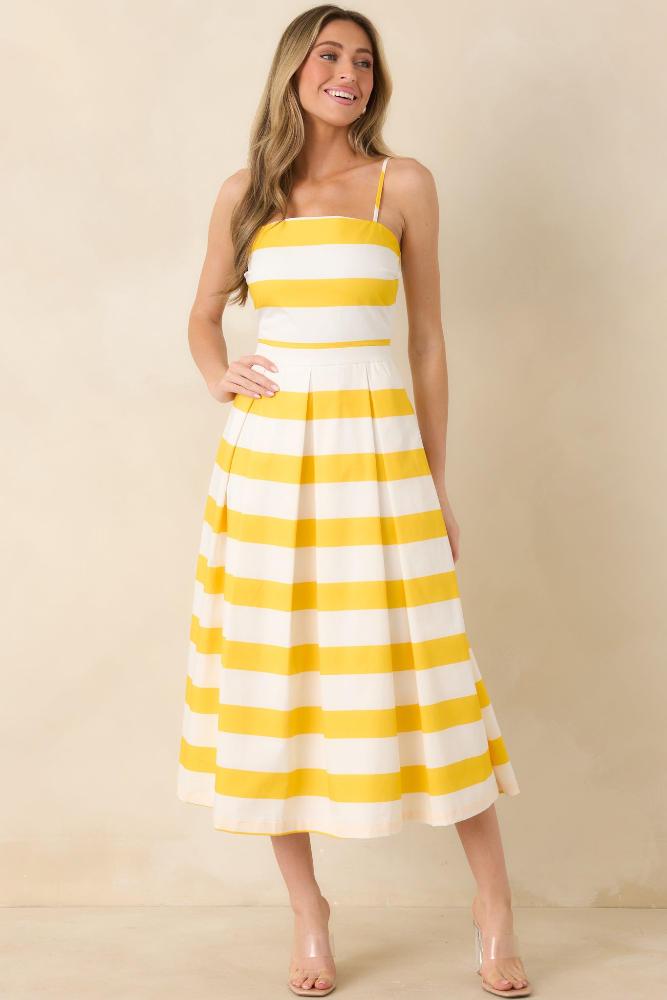 Women's Couldn't Be Happier Yellow Stripe Cotton Sleeveless Midi Dress | Size: M | Red Dress Women's Couldn't Be Happier Yellow Stripe Cotton Sleeveless Midi Dress | Size: M | Red Dress