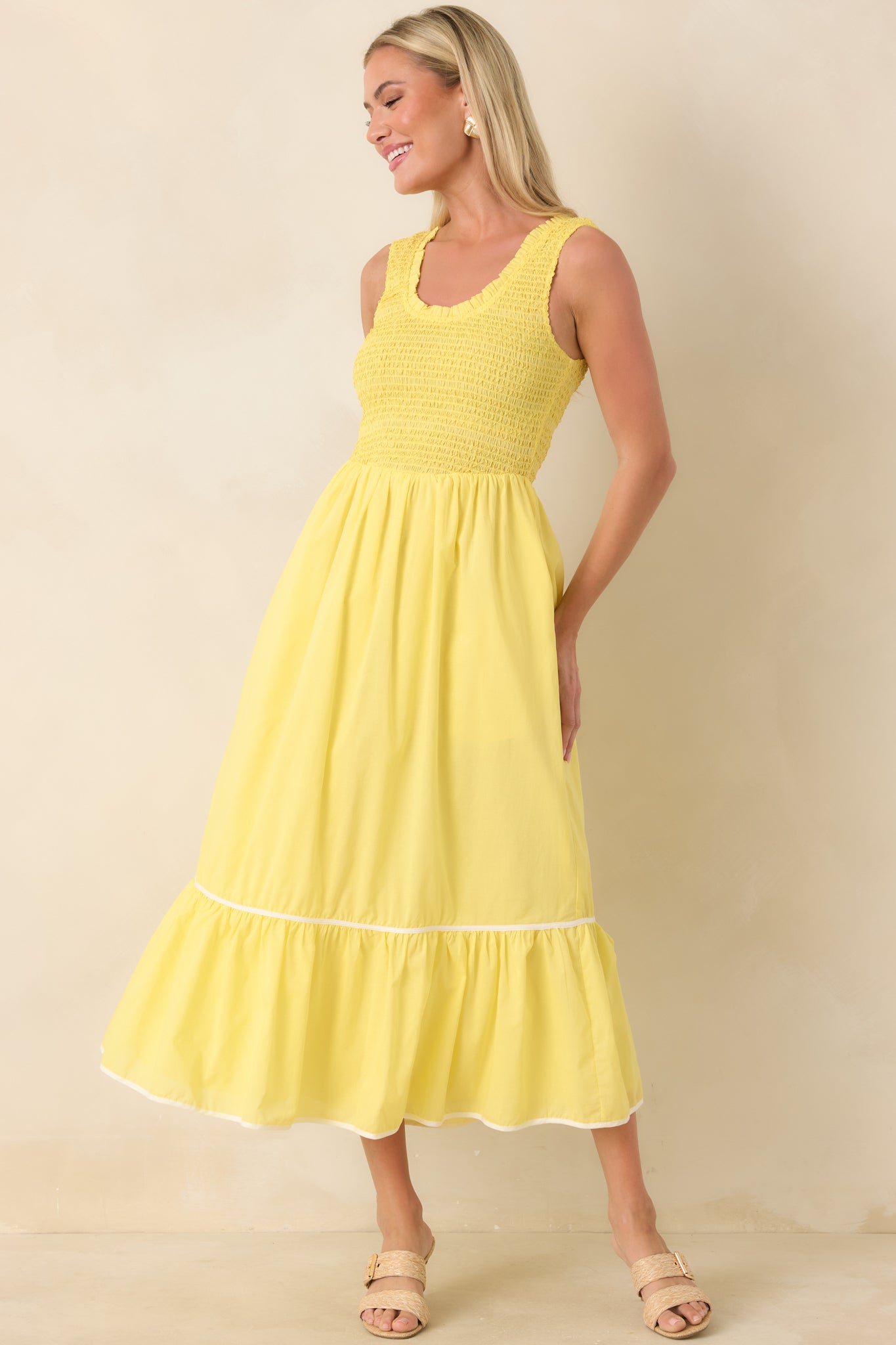 knee length dresses for ladies Yellow Textured Cotton Tiered Midi Dress - All Dresses