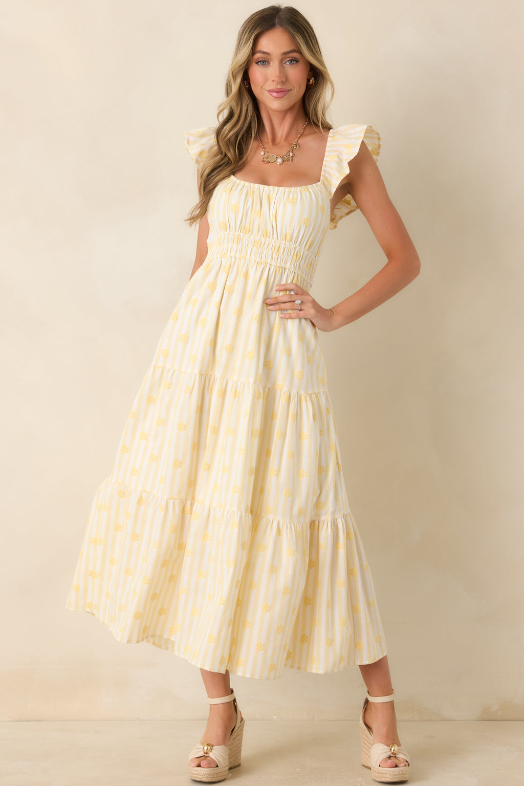 Women's Meadow Mornings Yellow Stripe Floral Embroidered Cotton Maxi Dress | Size: L