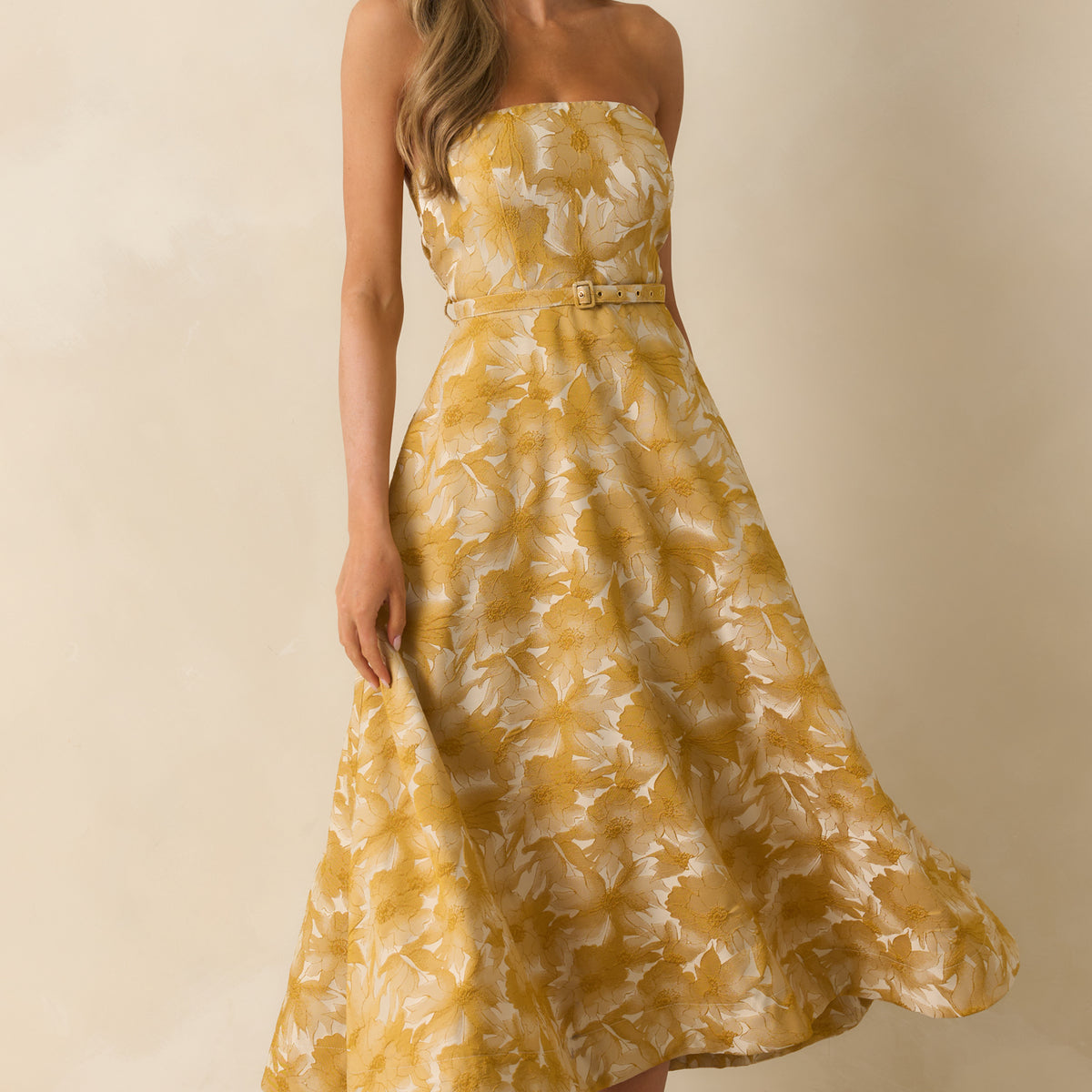 Yellow Gold Floral Jacquard Strapless Dress - Midi Dresses
