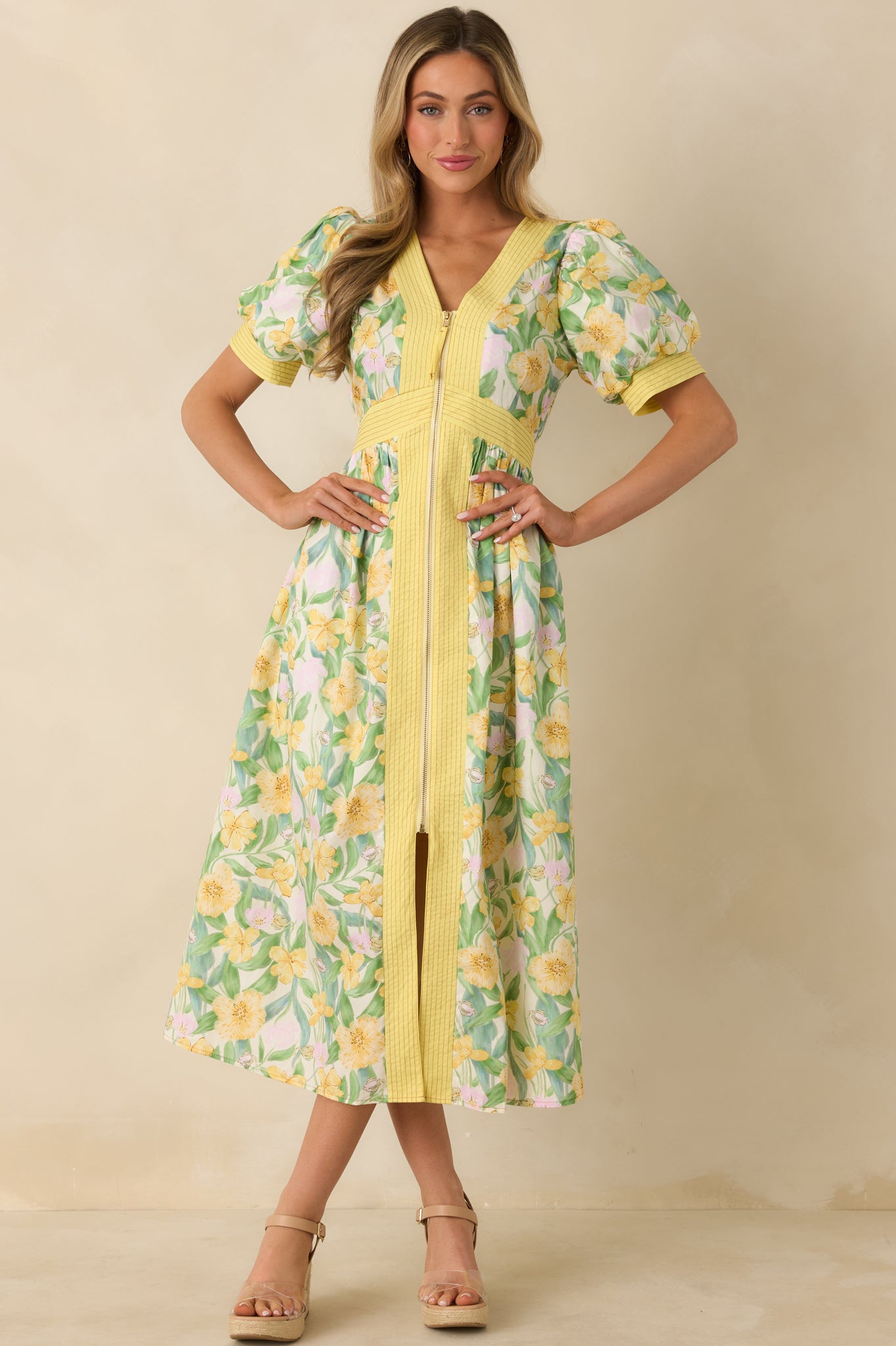 knee length dresses for ladies Yellow Multi Floral Print Cotton Zip Front Midi Dress - All Dresses