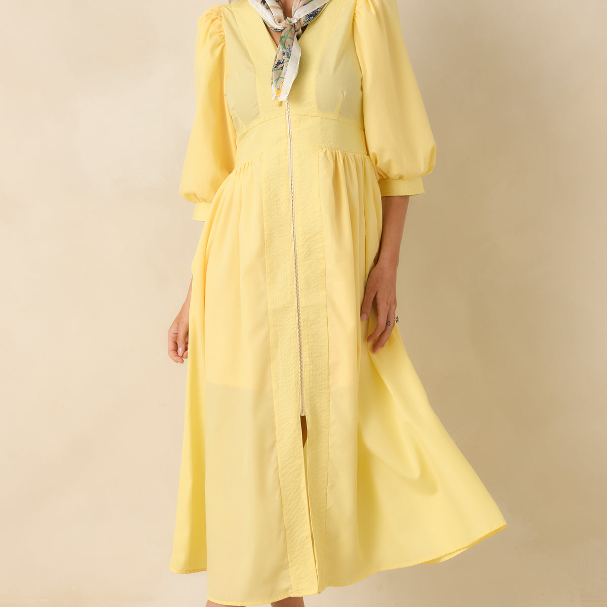 yellow long sleeve ruffle dress Daffodil Yellow Blouson Sleeve Zip Up Midi Dress - All Dresses