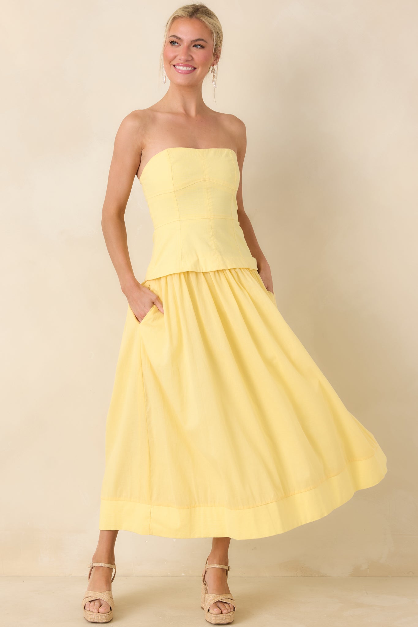 Red Dress | Yellow Cotton Bustier Strapless Midi Dress - All Dresses Red Dress | Yellow Cotton Bustier Strapless Midi Dress - All Dresses